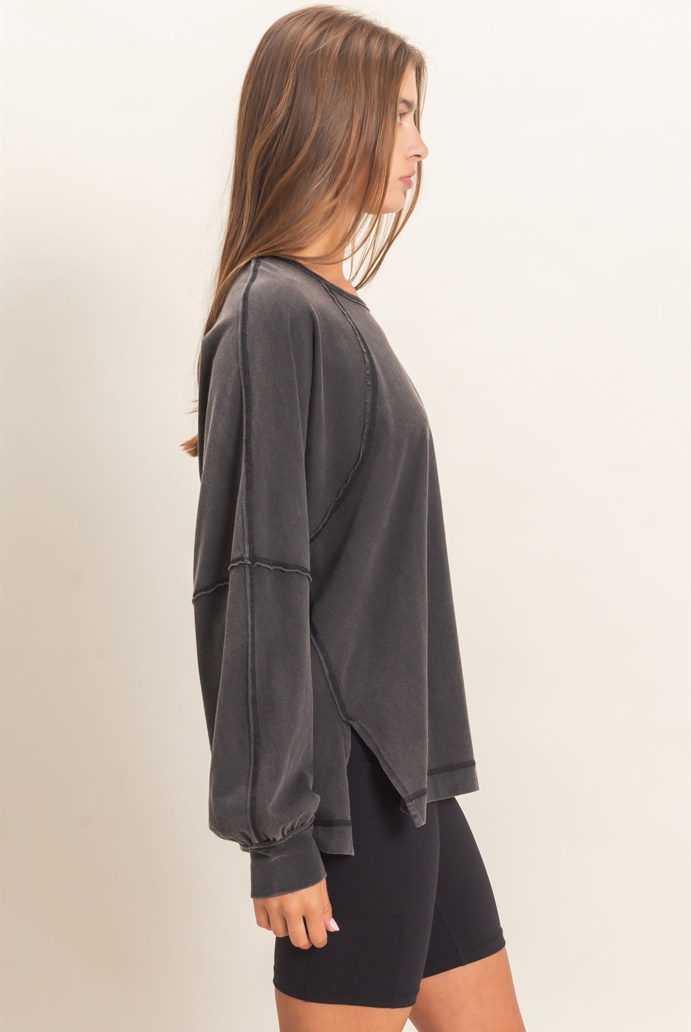Wholesale Raglan Sleeve Snow Wash Top Shirts DZ26E945 BLACK DOUBLE ZERO