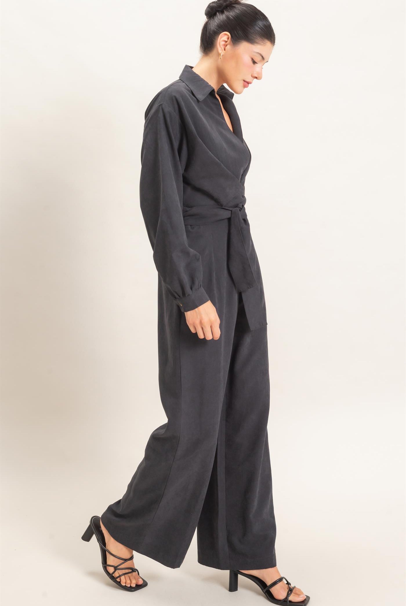 Wholesale Collared Wrap Suede Jumpsuit Clothing HF26C905 BLACK HYFVE