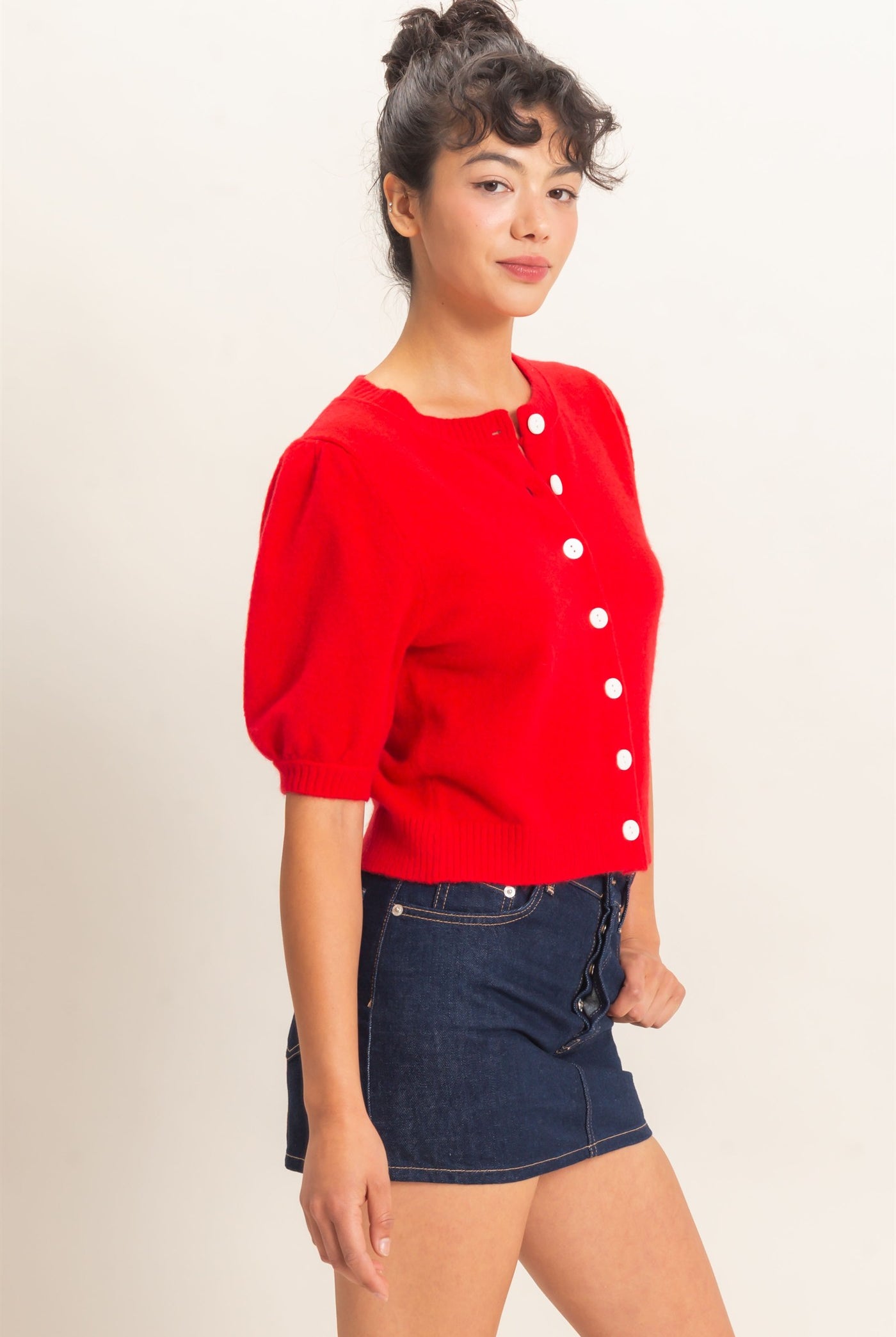 Wholesale Button Front Puff Short Sleeve Cardigan Cardigans DZ26C960 RED DOUBLE ZERO