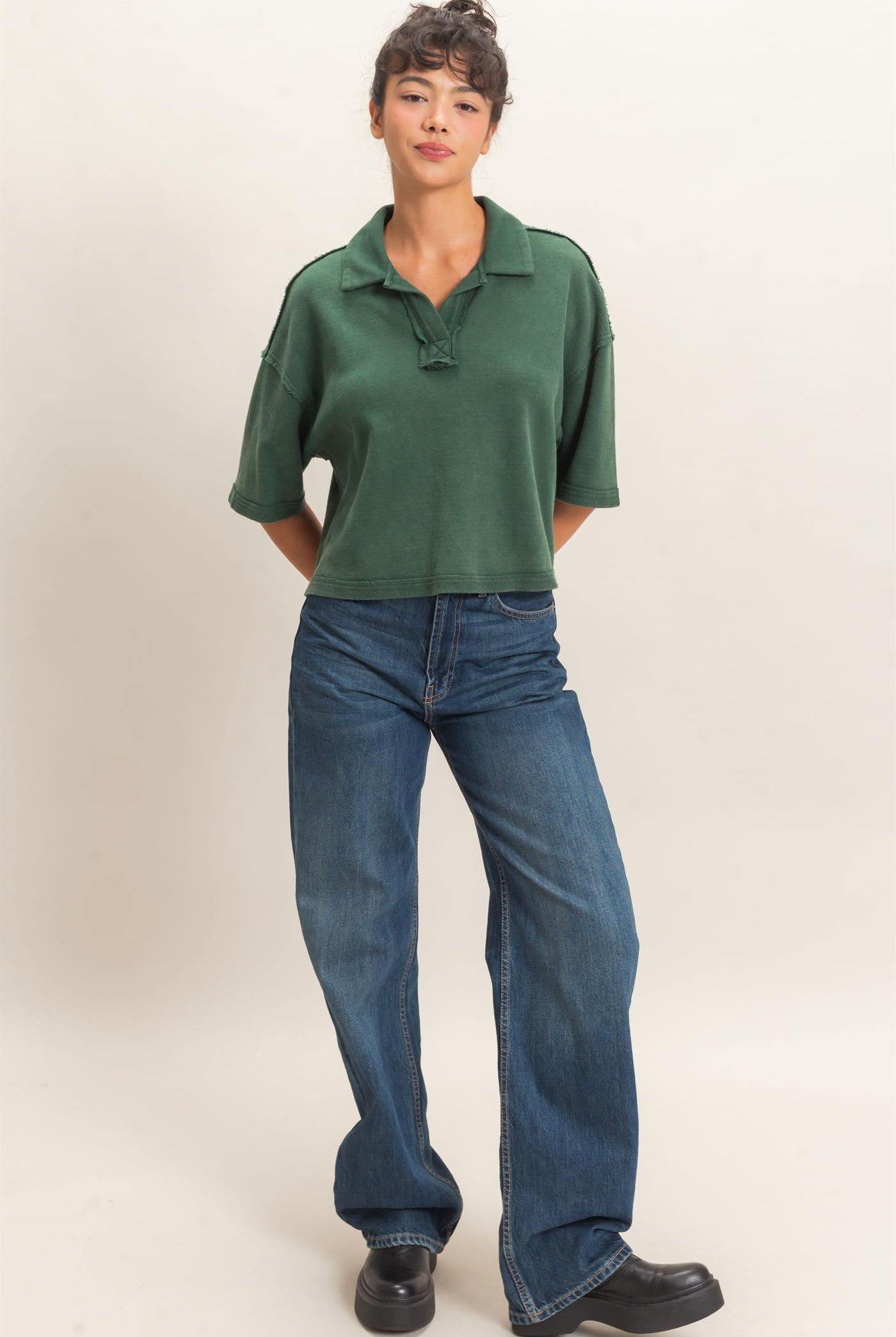Wholesale Mineral Wash Oversized Collar Short Sleeve Top Clothing Tops DZ26E813 DARK GREEN DOUBLE ZERO