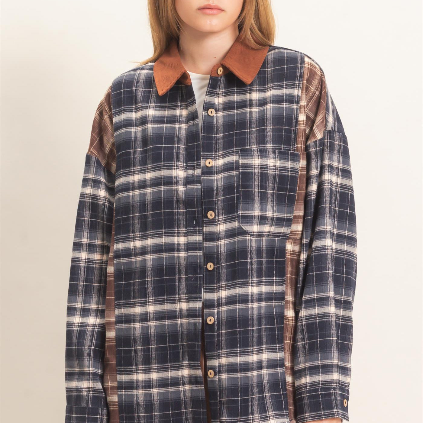 Wholesale Plaid Button-Up Shirt With Corduroy Collar Shirts HF26E157 BLACK HYFVE