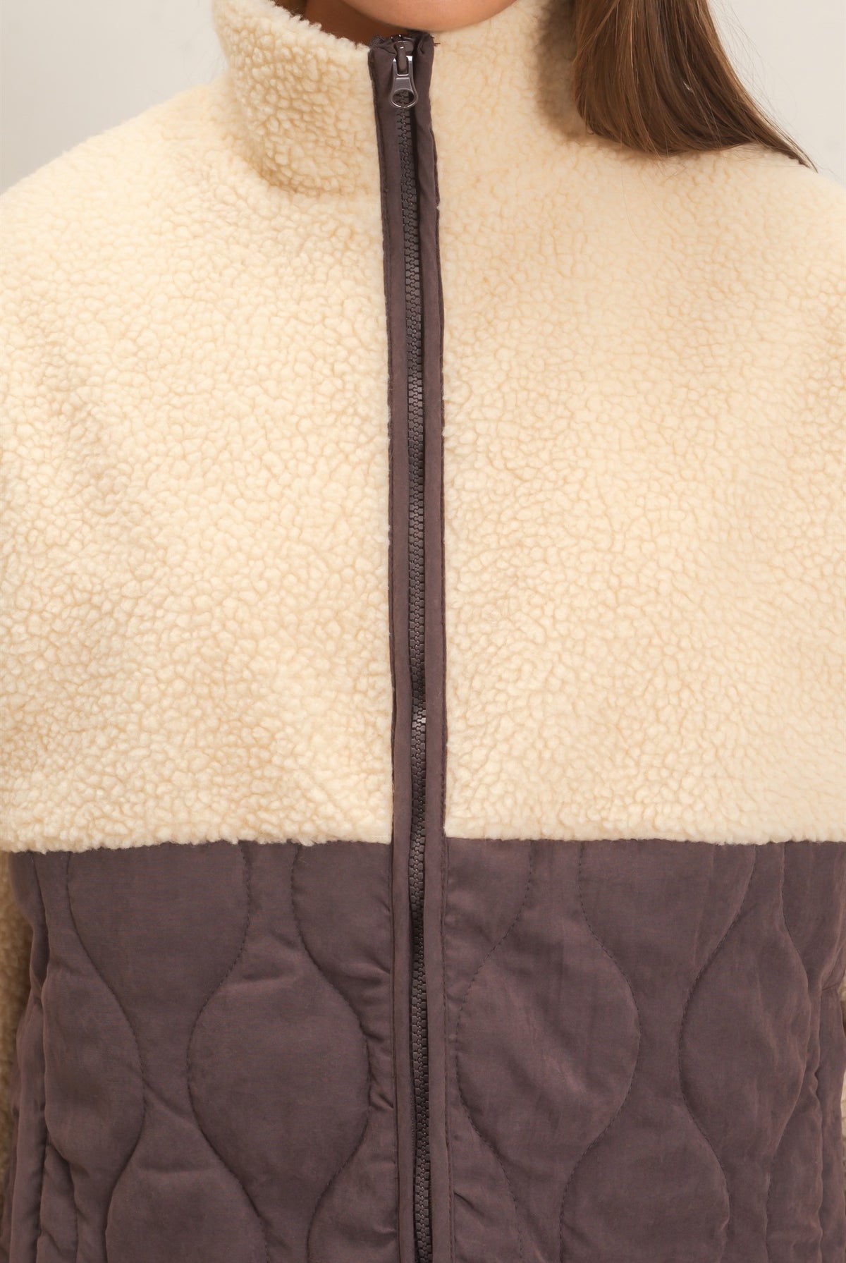 Wholesale Quilted Sherpa Zip Up Jacket Coats & Jackets DZ26F259 DARK BROWN DOUBLE ZERO