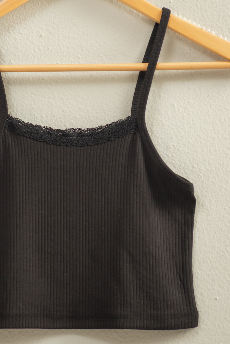 Wholesale Ribbed Lace Detail Cami Crop Top Clothing Tops DZ22C573 BLACK DOUBLE ZERO