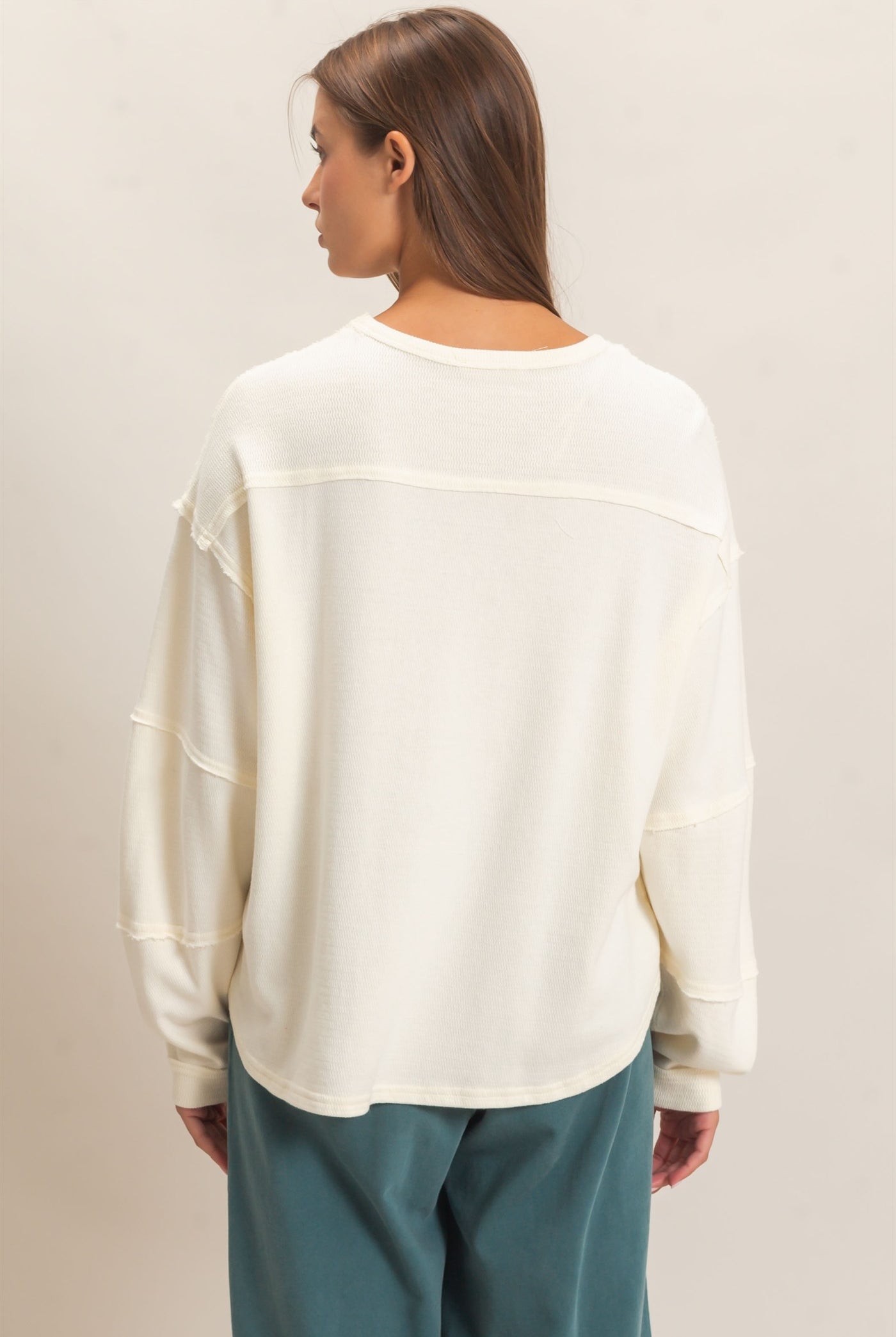 Wholesale Mineral Wash Overzised Raw Edge Crew Neck Top Clothing Tops DZ26E449 CREAM DOUBLE ZERO