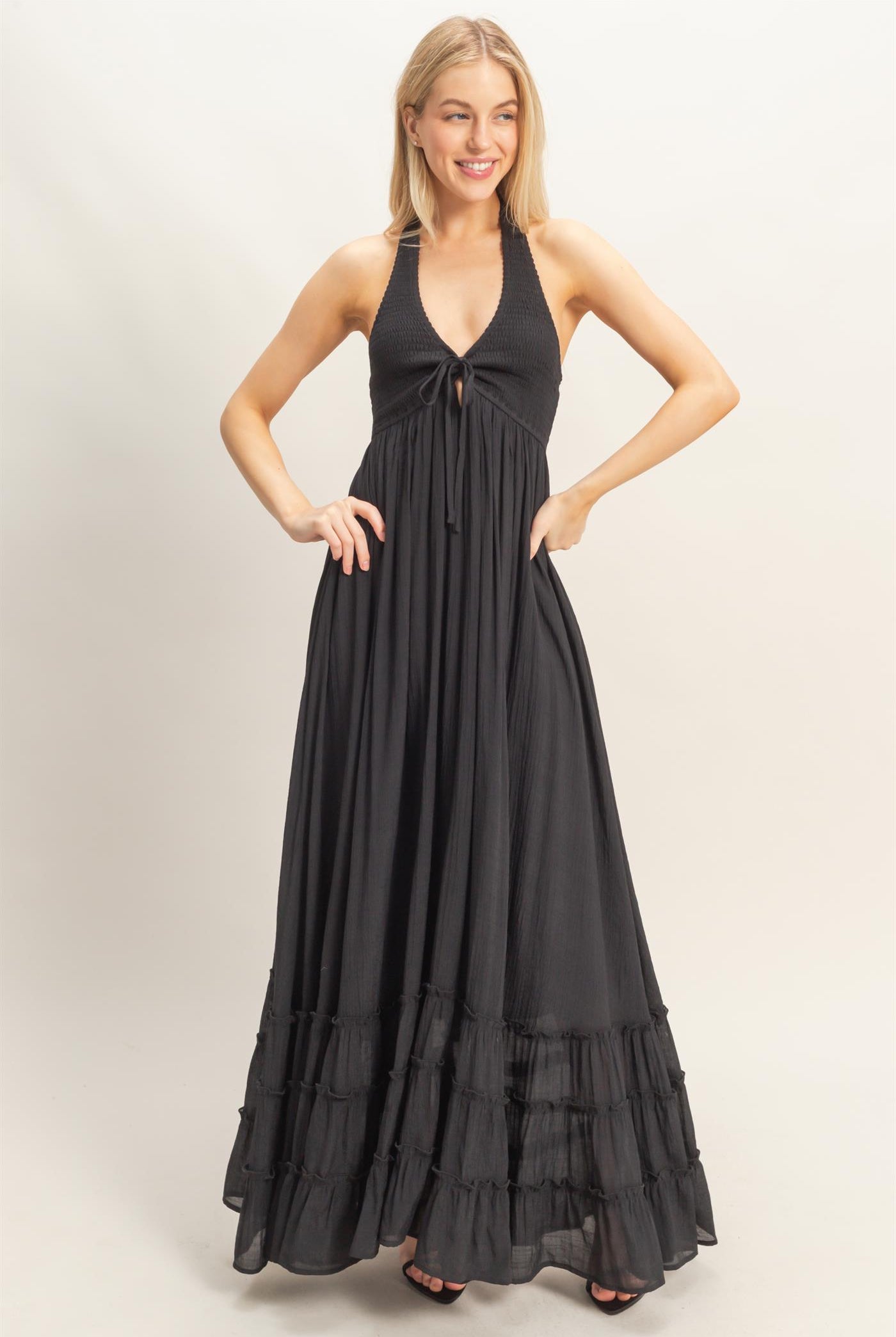 Wholesale Halter Neck Smocked Maxi Dress Dresses HF26C287-D BLACK HYFVE