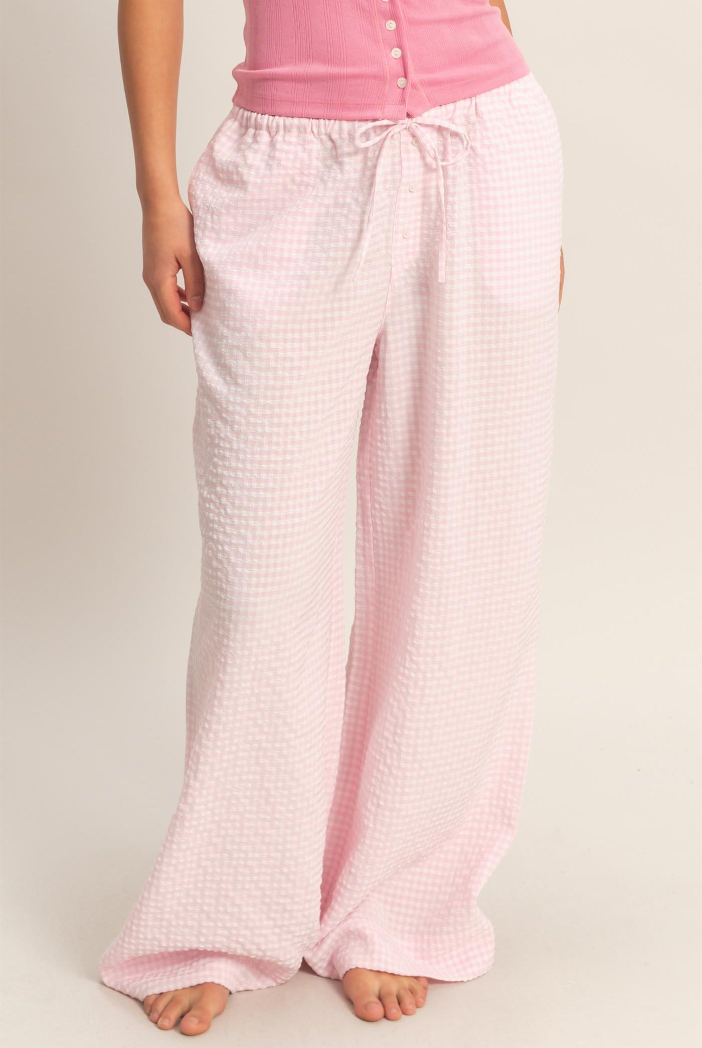 Wholesale Gingham Drawstring Wide-Leg Pants Pants DZ26C202 PINK DOUBLE ZERO