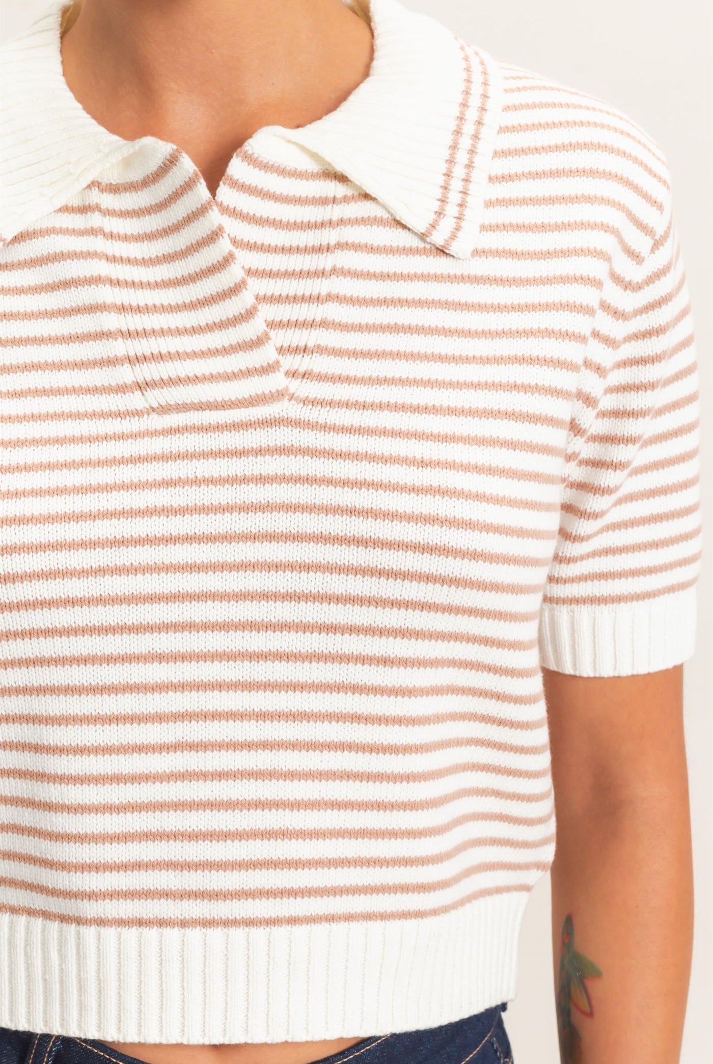 Wholesale Striped Short Sleeve Collar Knit Top Clothing Tops DZ26E261 DARK TAUPE DOUBLE ZERO