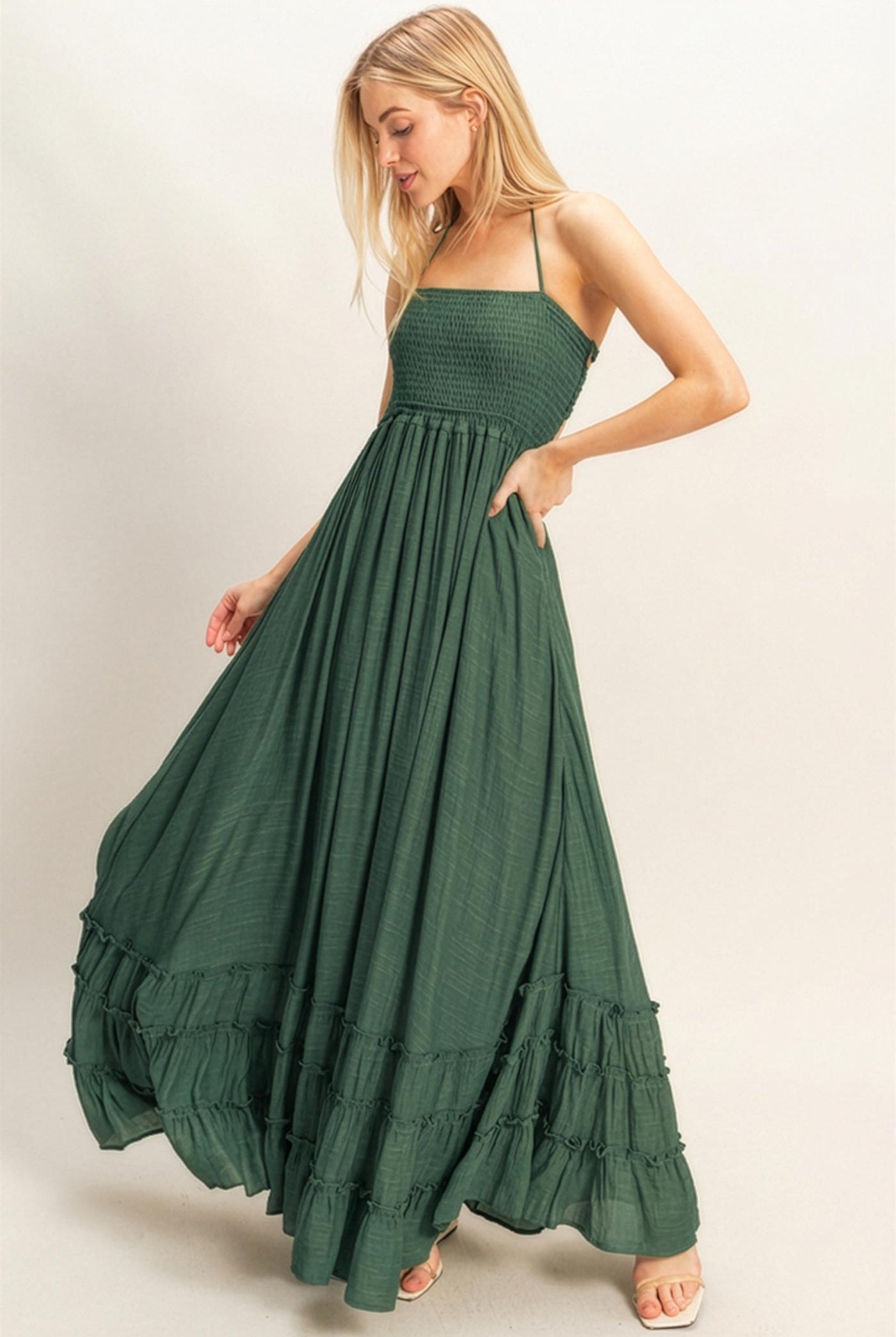 Wholesale Smocked Halter Maxi Dress Dresses HF26C290-D HUNTER GREEN HYFVE