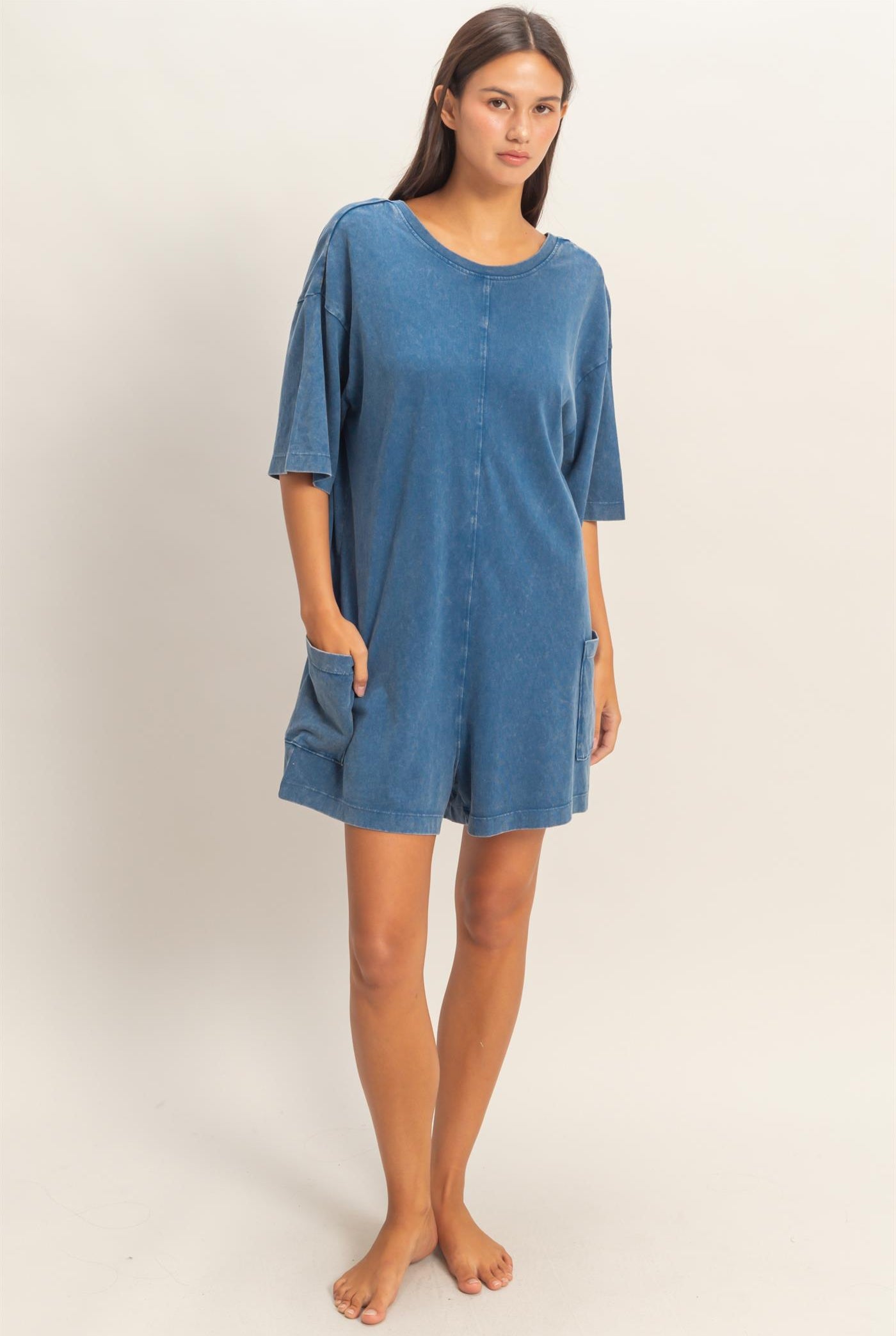 Wholesale Mineral Washed V-Back Romper Clothing DZ26A326 NAVY HYFVE