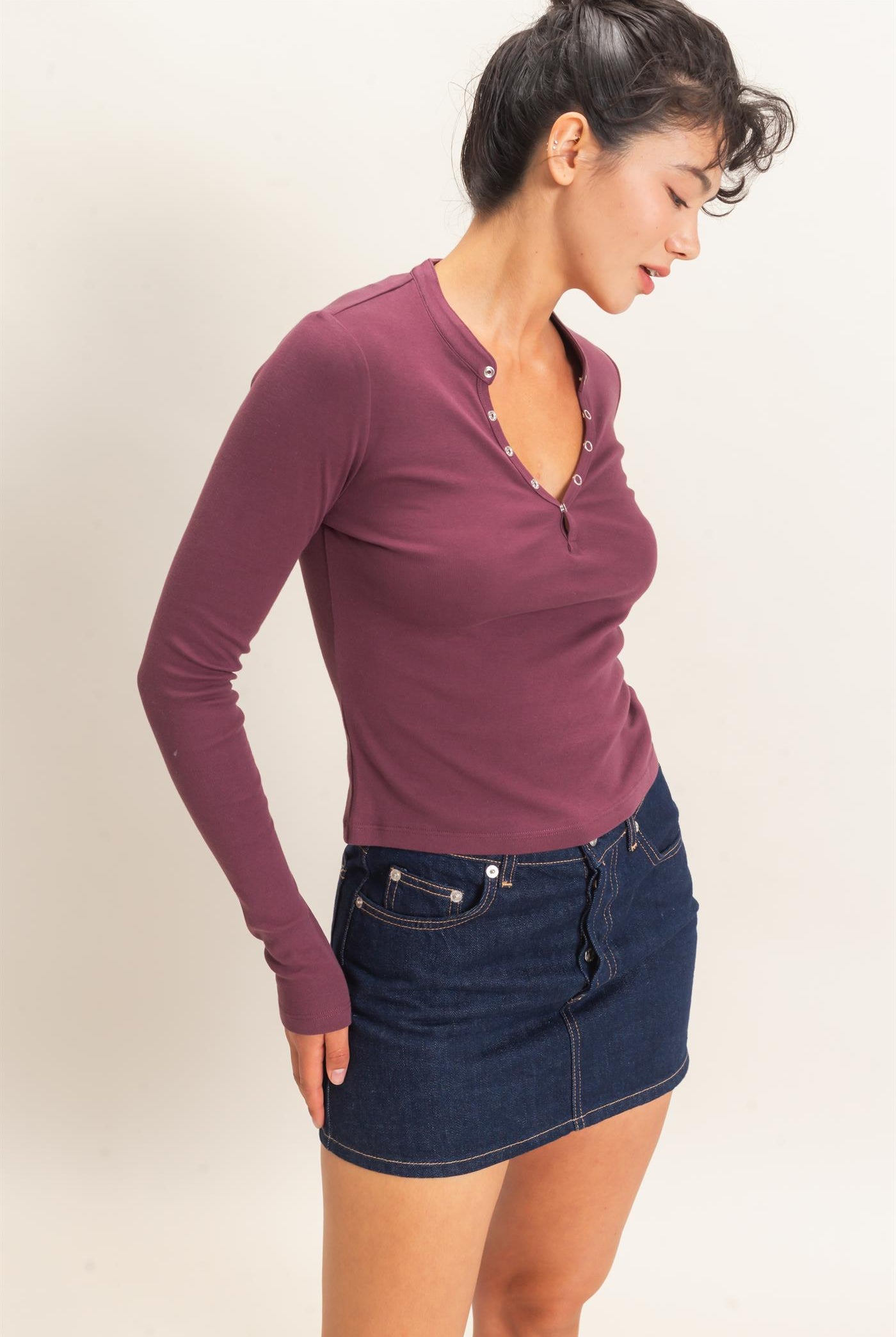Wholesale Long Sleeve Henley Top Clothing Tops DZ26E865 DARK CHERRY DOUBLE ZERO