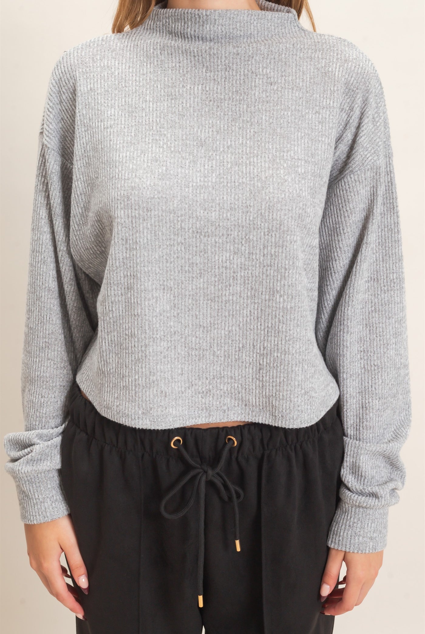 Wholesale Ribbed Mock Neck Top Clothing Tops HF26F030 GRAY HYFVE