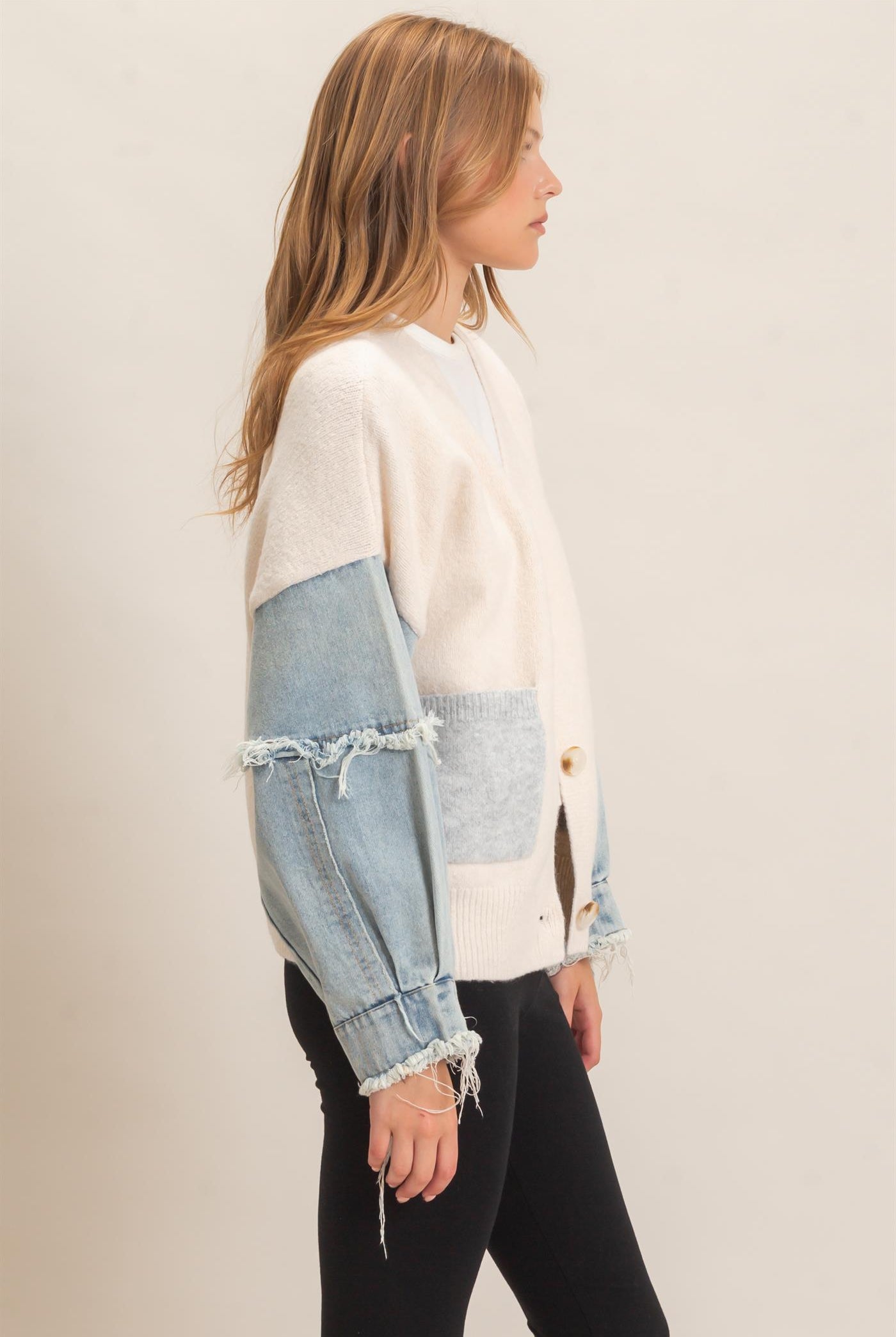 Wholesale V-Neck Cardigan With Distressed Denim Sleeves Cardigans HF26E838 OATMEAL HYFVE