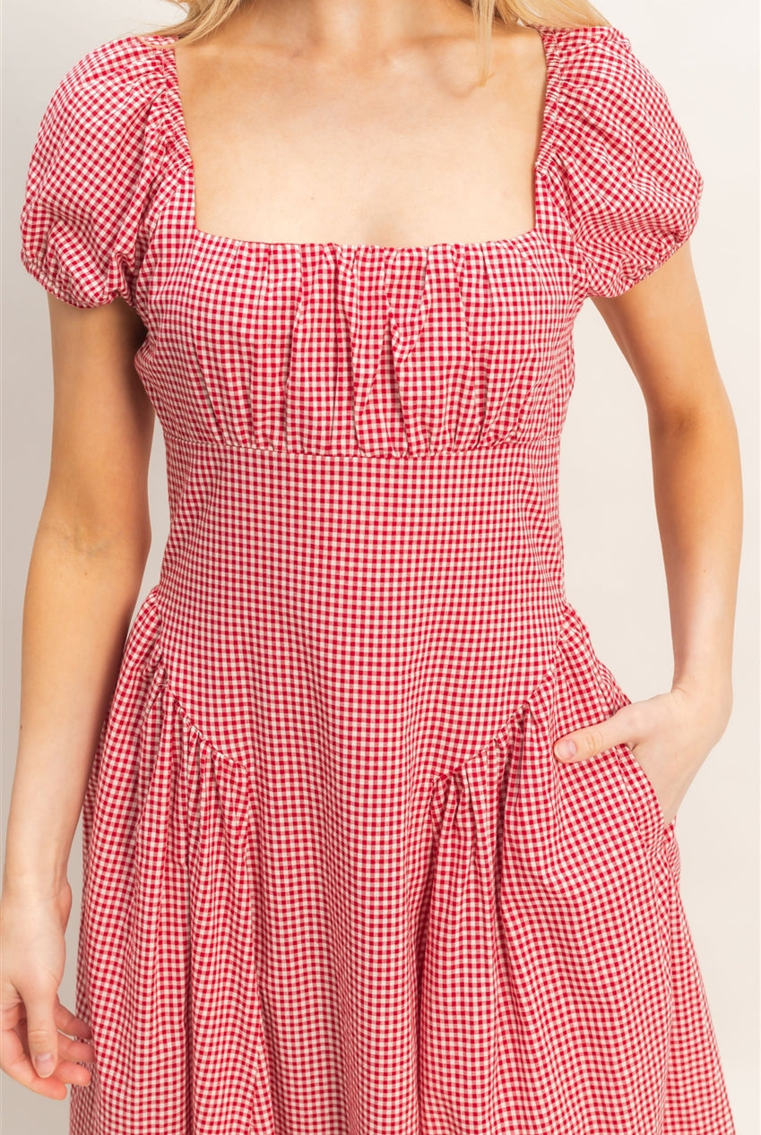 Wholesale Gingham Puff Sleeve Dress Dresses HF26A321 RED HYFVE