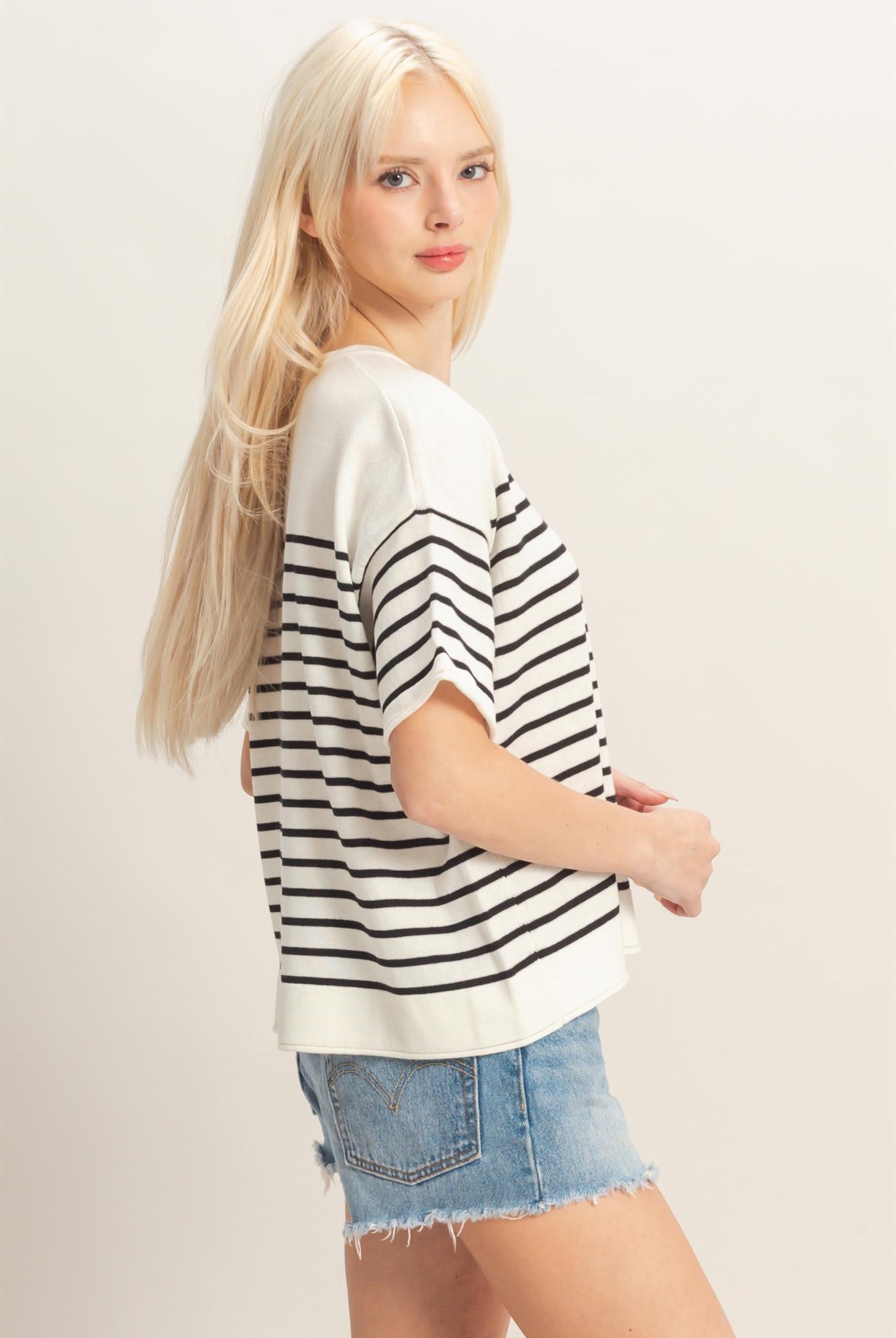 Wholesale Striped Short Sleeve Knit Top Clothing Tops DZ26A838 BLACK DOUBLE ZERO