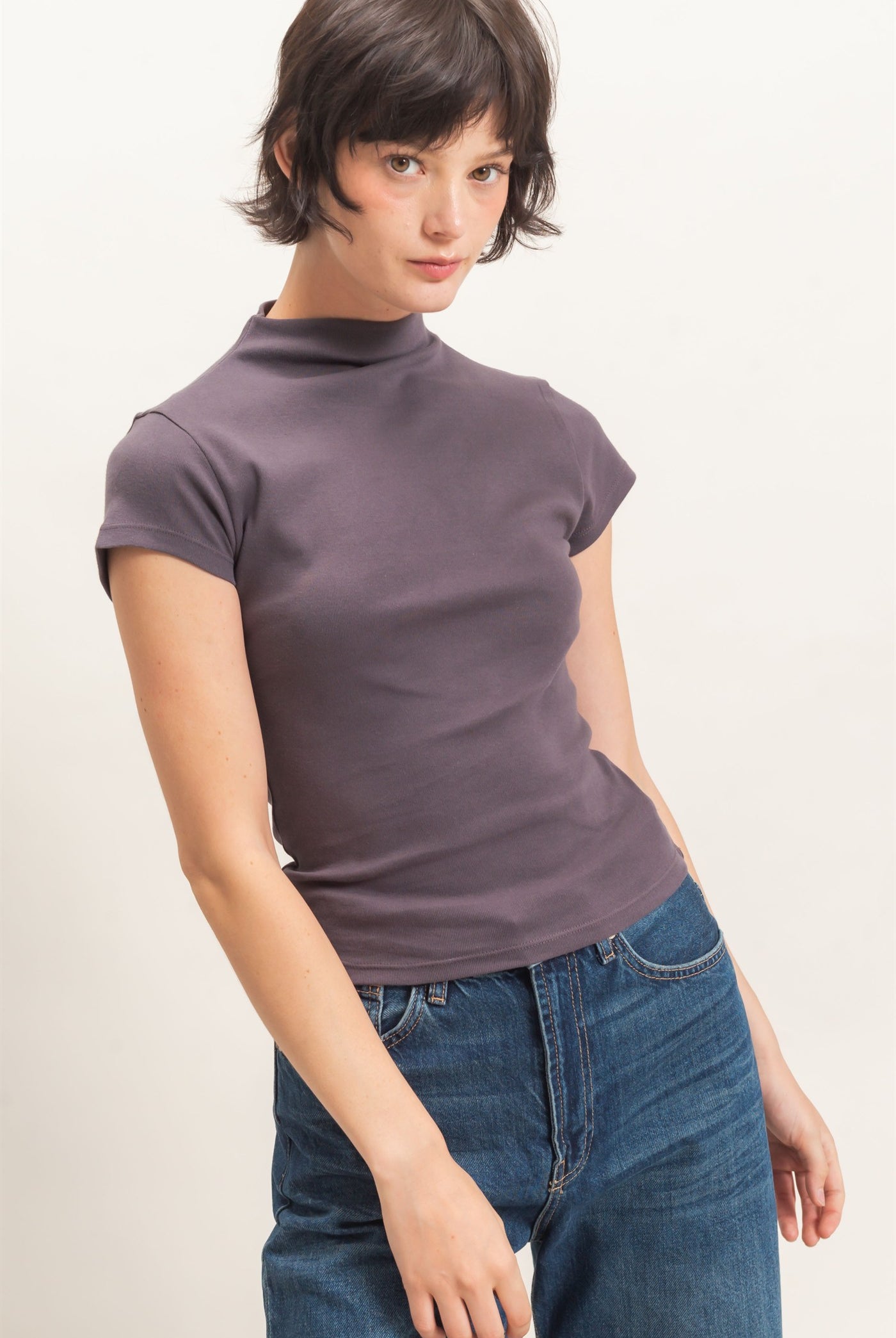 Wholesale Mock Neck Cap Sleeve Top Clothing Tops DZ26E323 CHARCOAL DOUBLE ZERO