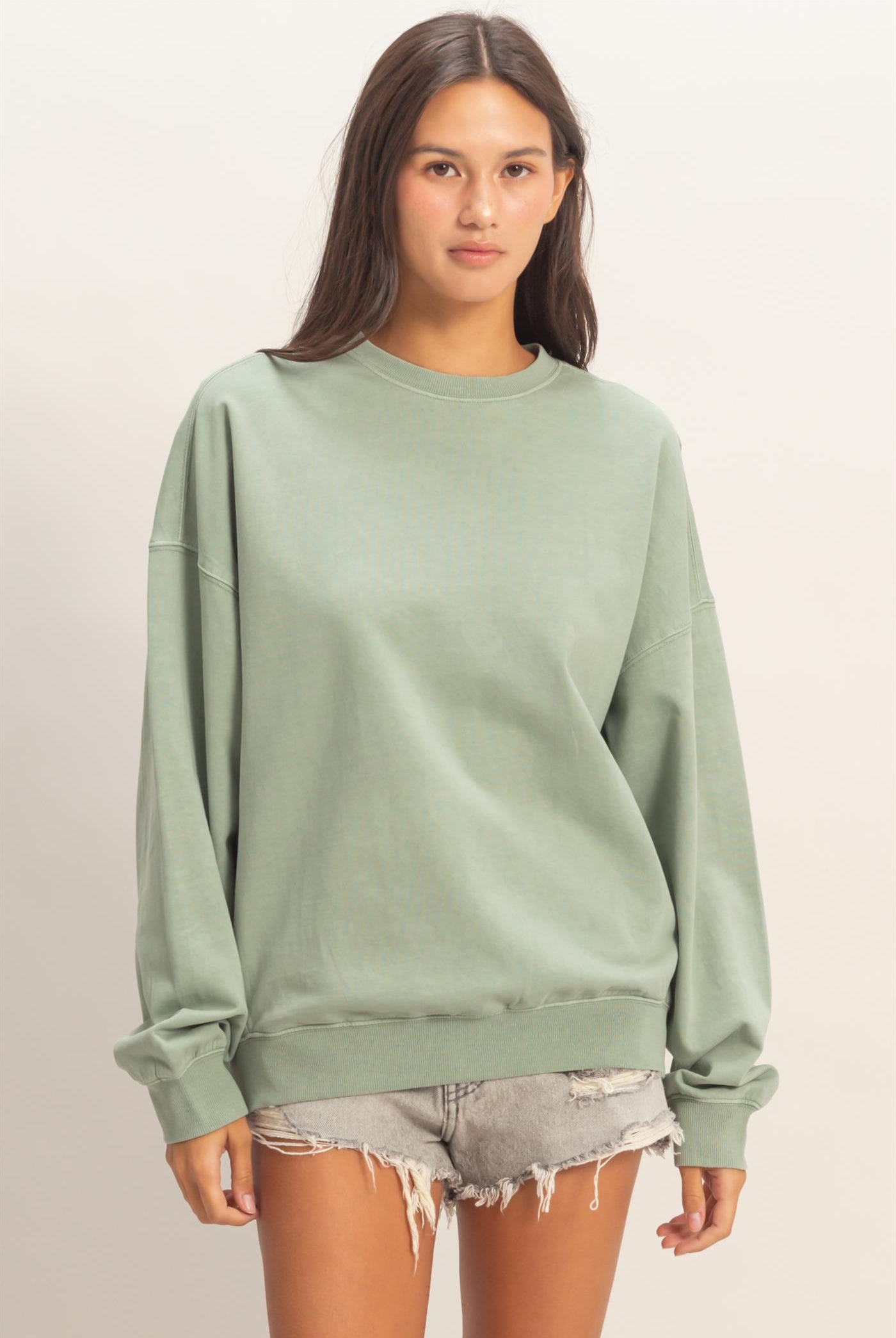 Wholesale Ribbed Crew Neck Sweatshirt Sweatshirts DZ26A265 SAGE GREEN DOUBLE ZERO