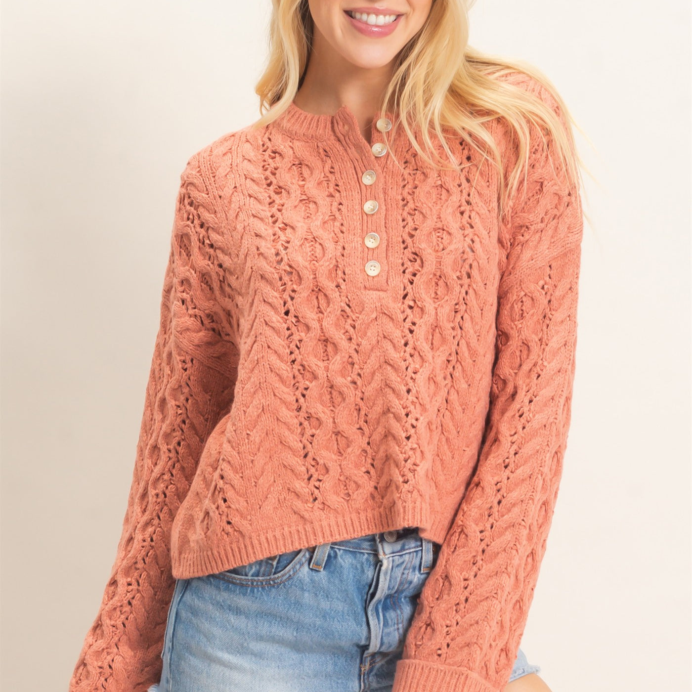 Wholesale Cable Knit Henley Sweaters HF26E552 ROSE PINK HYFVE