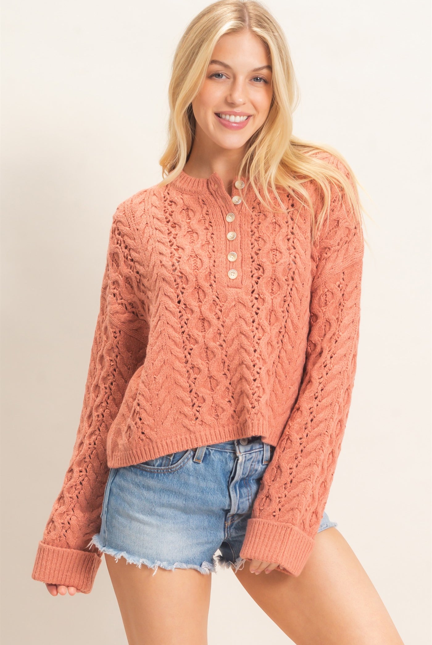 Wholesale Cable Knit Henley Sweaters HF26E552 ROSE PINK HYFVE