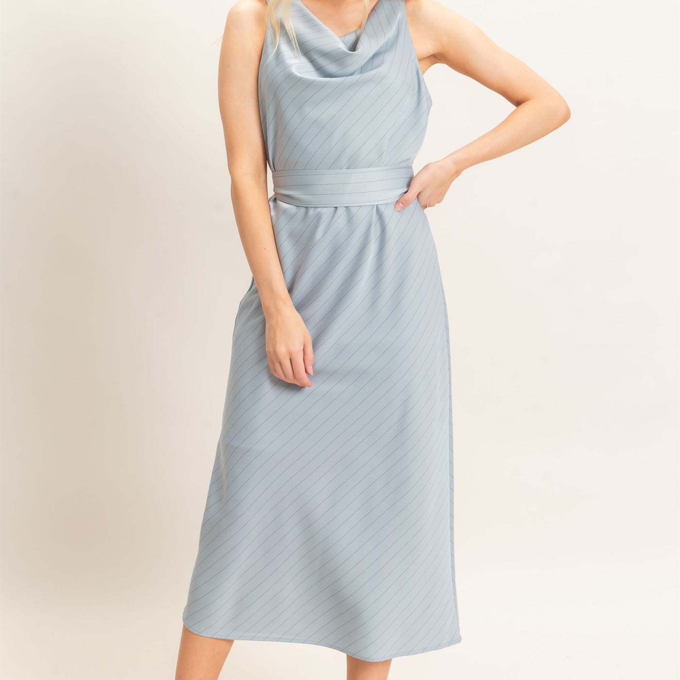 Wholesale Cowl Neck Sleeveless Belted Dress Dresses HF25E739 DUSTY BLUE HYFVE