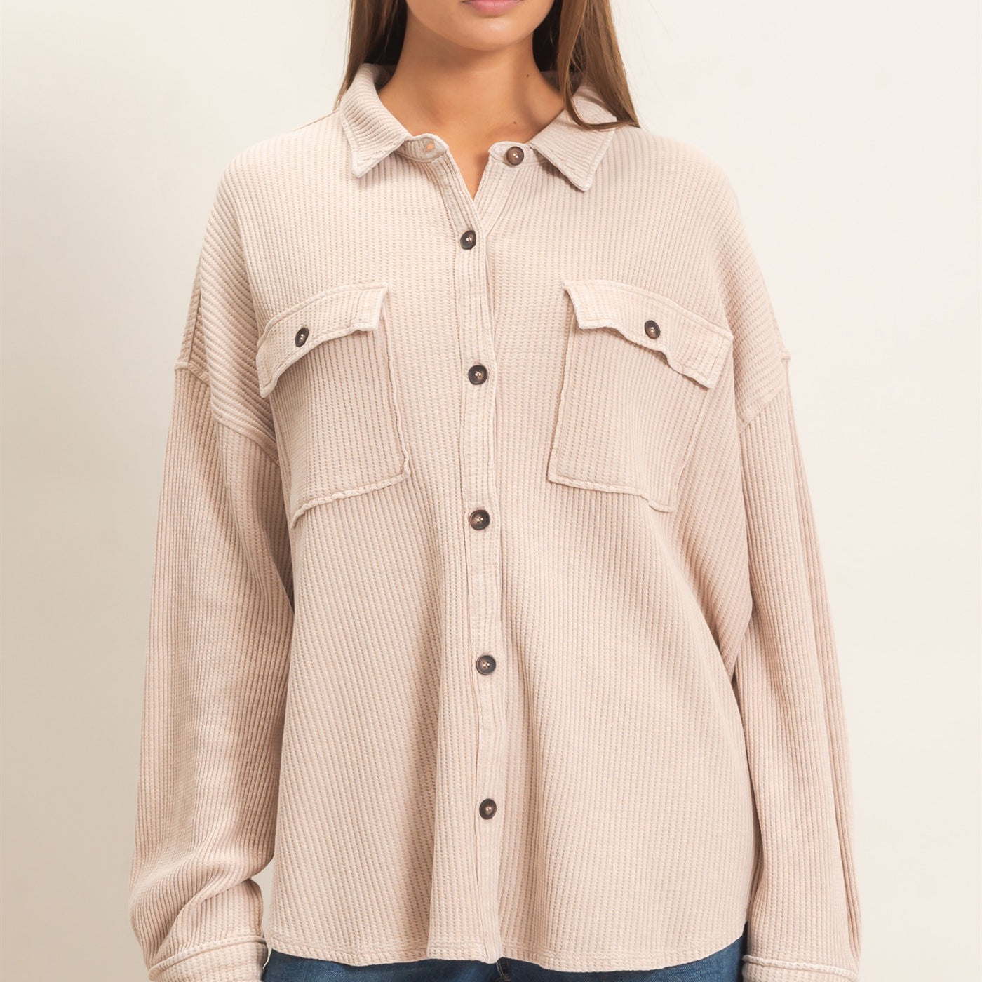 Wholesale Mineral Wash Waffle Knit Button-Up Shacket Coats & Jackets DZ26E249 DARK TAUPE DOUBLE ZERO