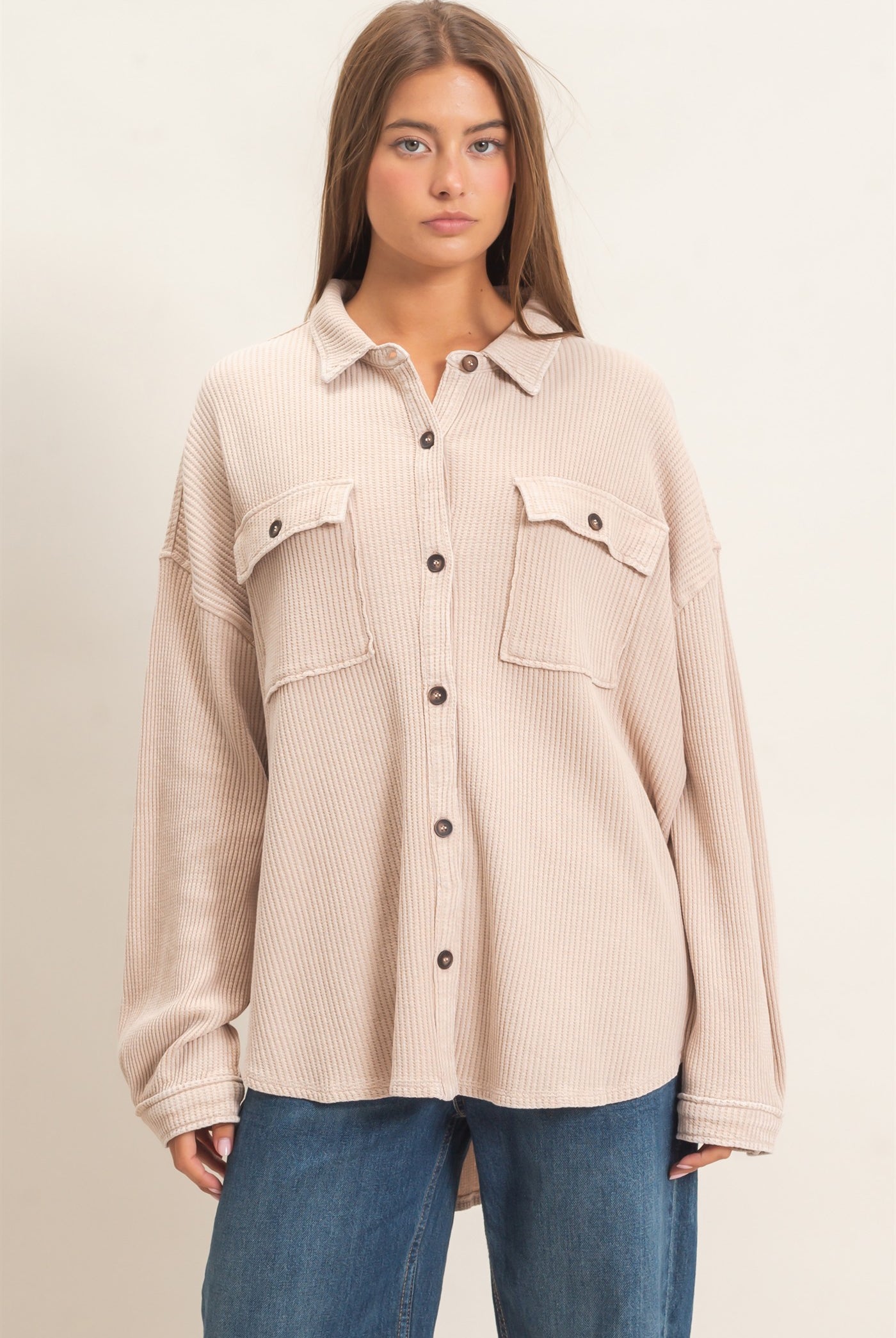 Wholesale Mineral Wash Waffle Knit Button-Up Shacket Coats & Jackets DZ26E249 DARK TAUPE DOUBLE ZERO
