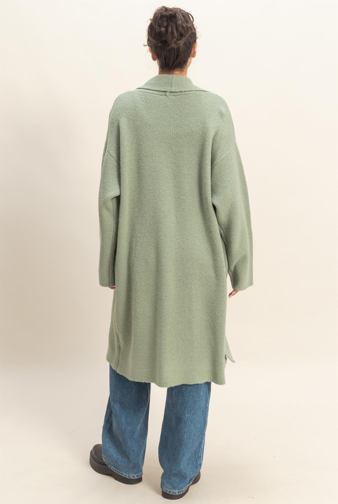 Wholesale Longline Open Front Duster Sweater Cardigans DZ25F435 SAGE GREEN DOUBLE ZERO