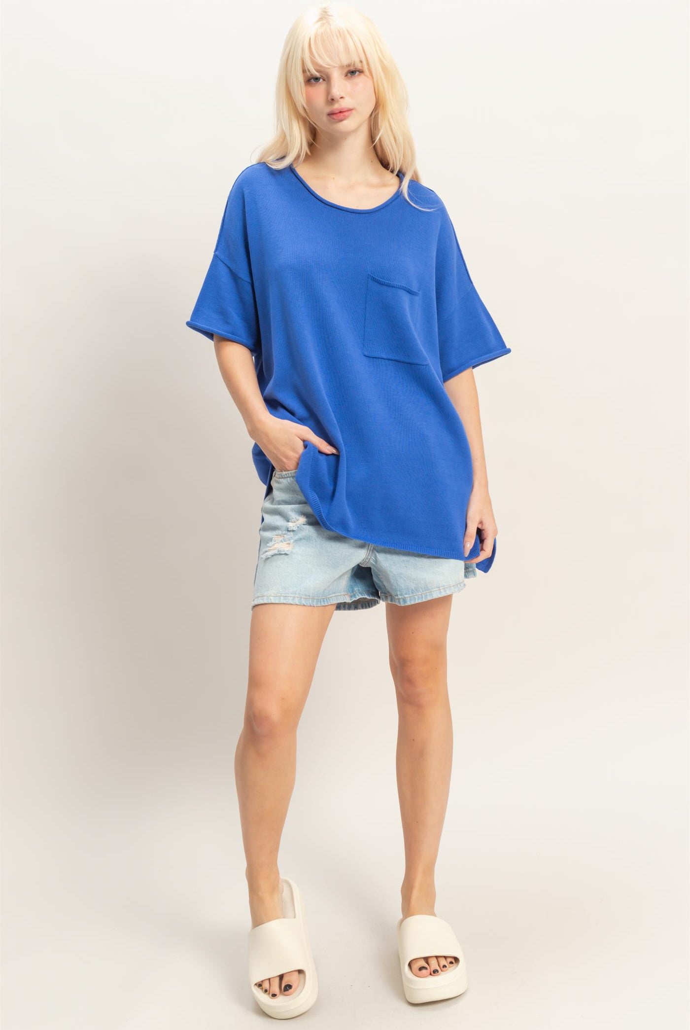 Wholesale Oversized Short Sleeve Round Neck Pocket Knit Top Clothing Tops DZ26A691 COBALT DOUBLE ZERO