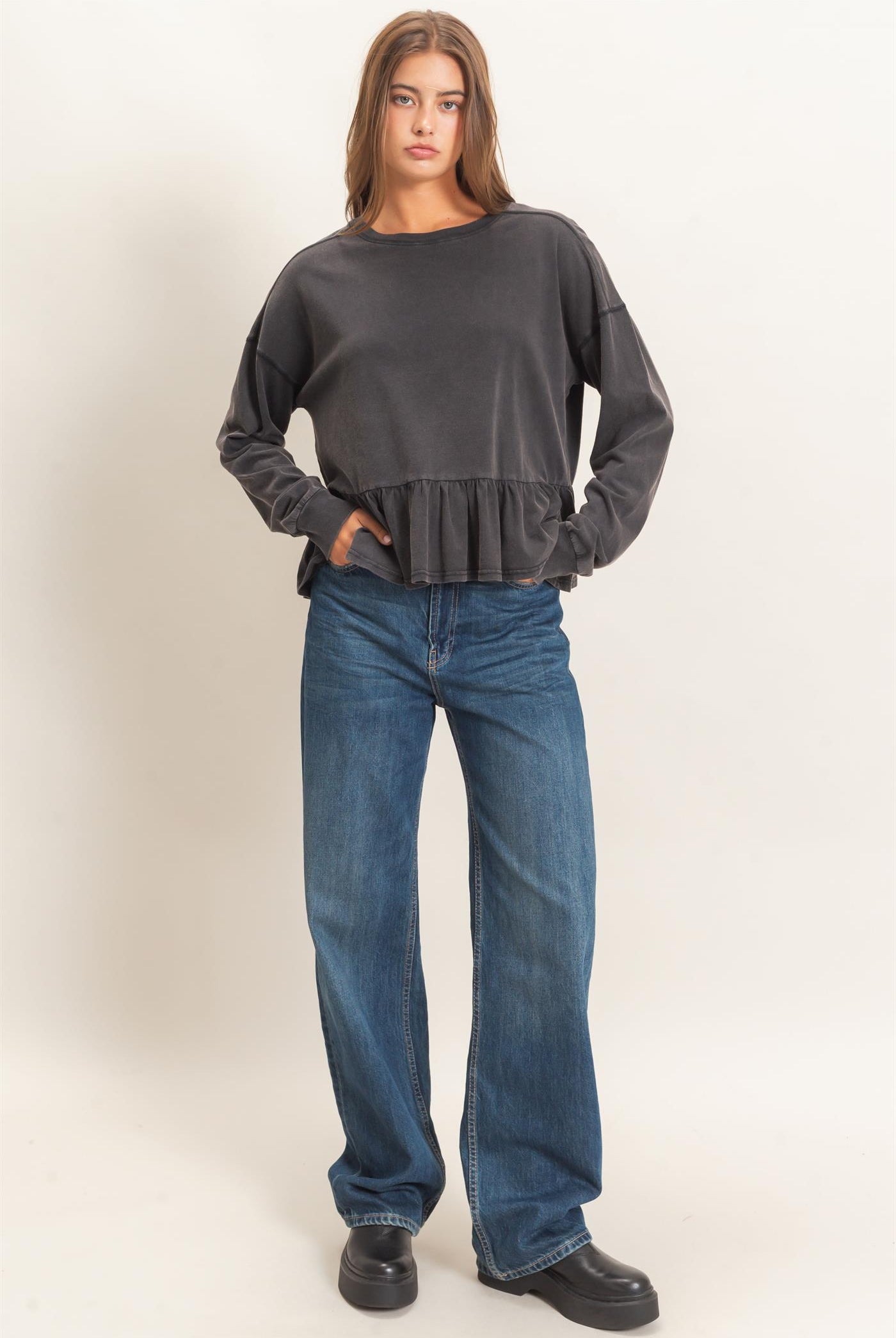 Wholesale Peplum Long Sleeve Top Clothing Tops DZ26F397 BLACK DOUBLE ZERO