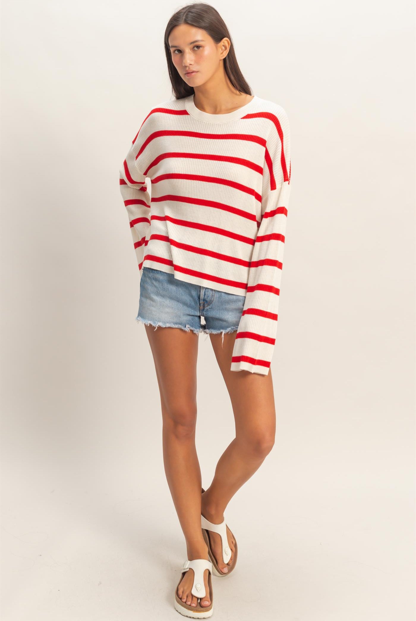 Wholesale Lightweight Wide-Sleeve Striped Sweater Clothing Tops DZ26A329 RED DOUBLE ZERO