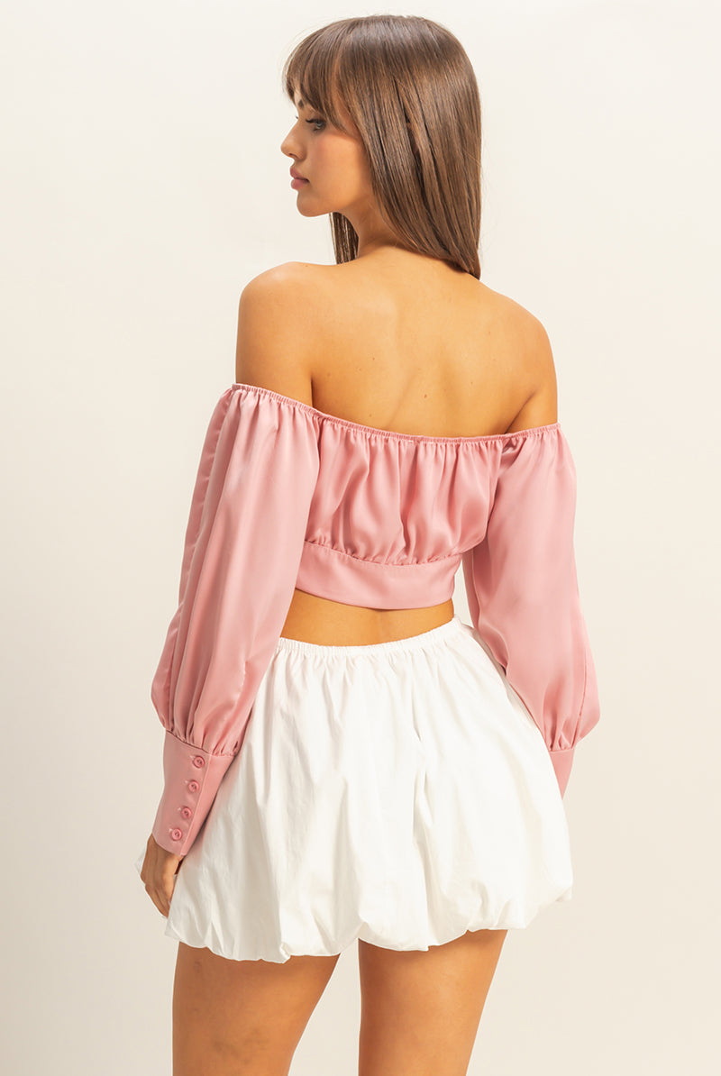 Wholesale Off The Shoulder Satin Crop Top Clothing Tops FS22E582 MAUVE HYFVE