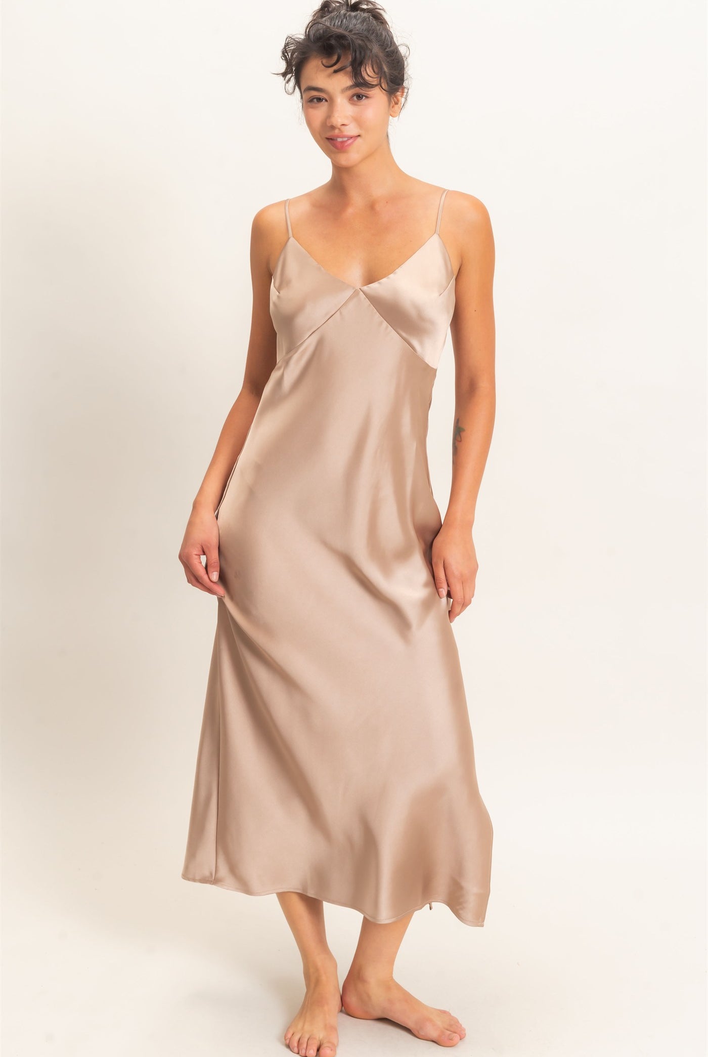 Wholesale Satin V-Neck Slip Dress Dresses DZ26E262 DARK TAUPE DOUBLE ZERO