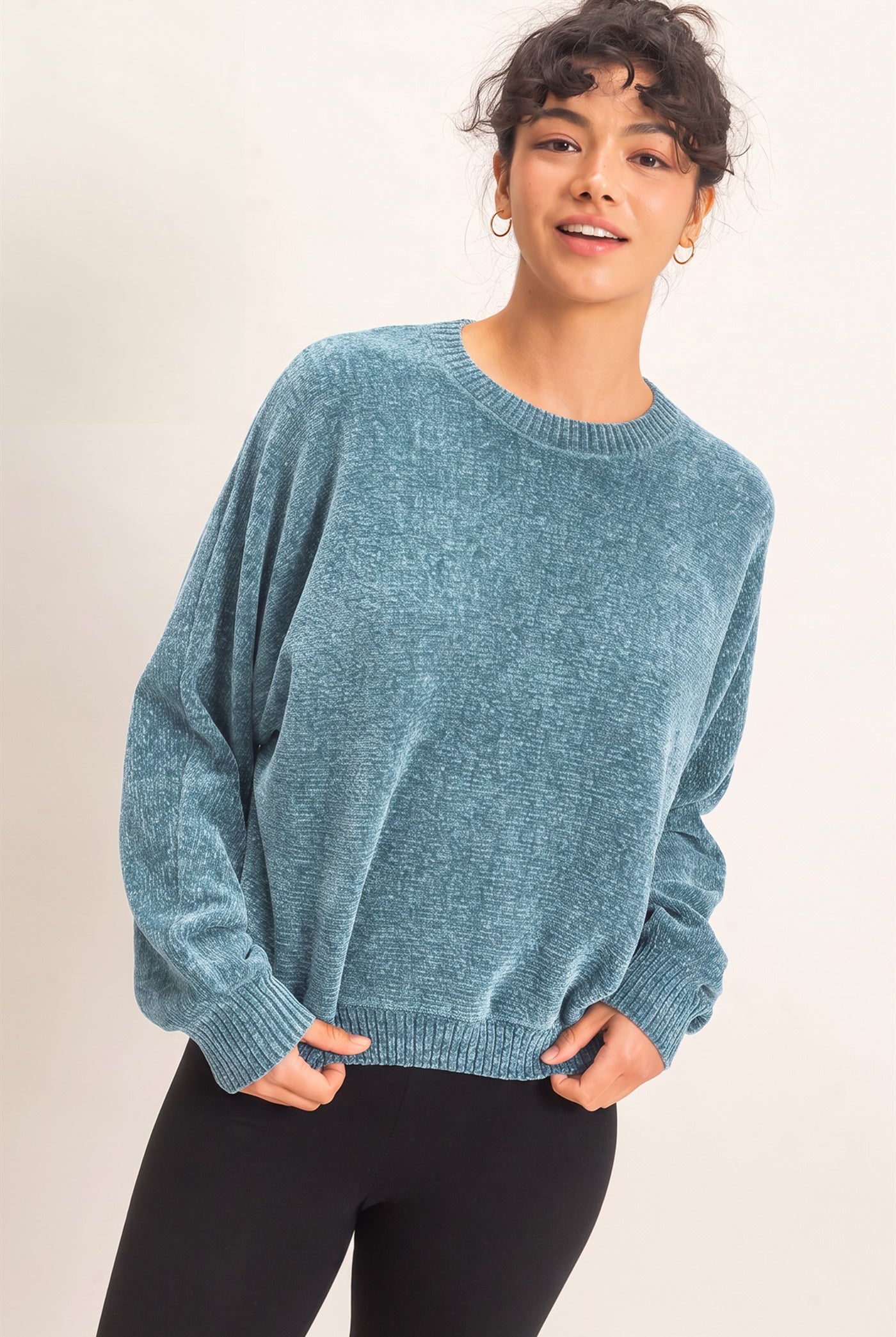 Wholesale Chenille Crew Neck Sweater Sweaters DZ26E264 DUSTY BLUE DOUBLE ZERO
