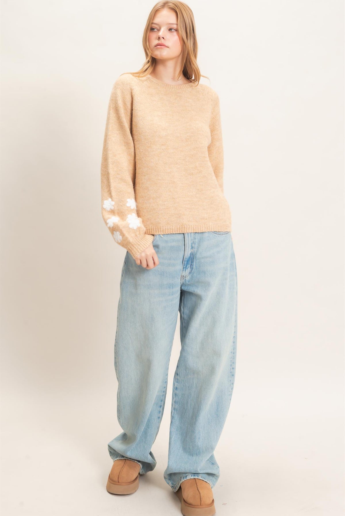 Wholesale Floral Applique Raglan Sleeve Sweater Sweaters HF26E808 BEIGE HYFVE