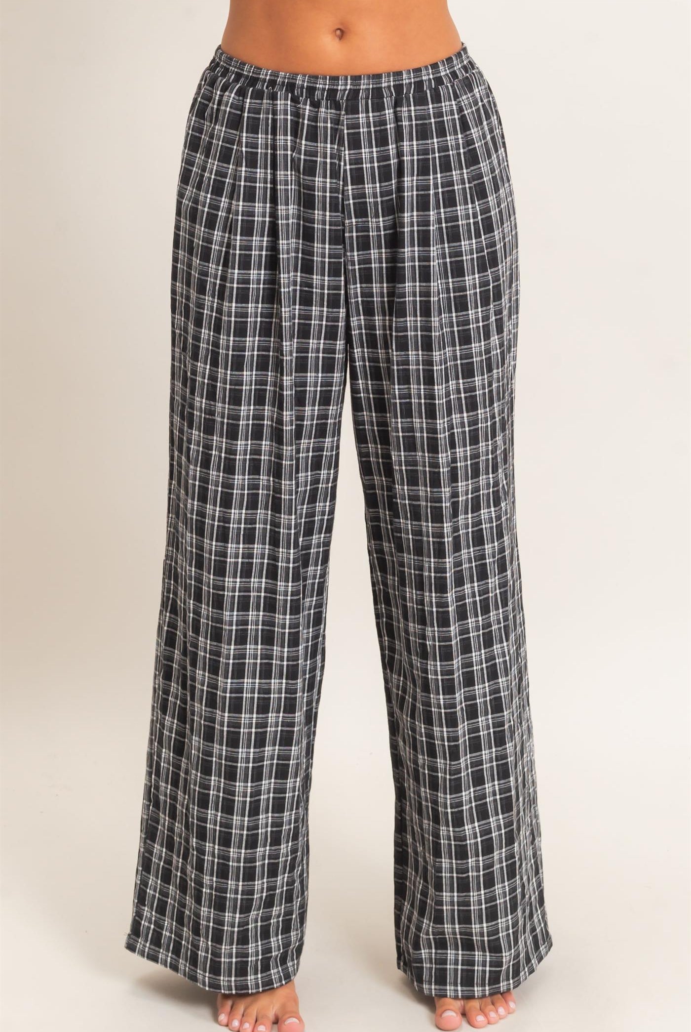 Wholesale Elastic Waist Plaid Pants Pants DZ26E375 BLACK DOUBLE ZERO
