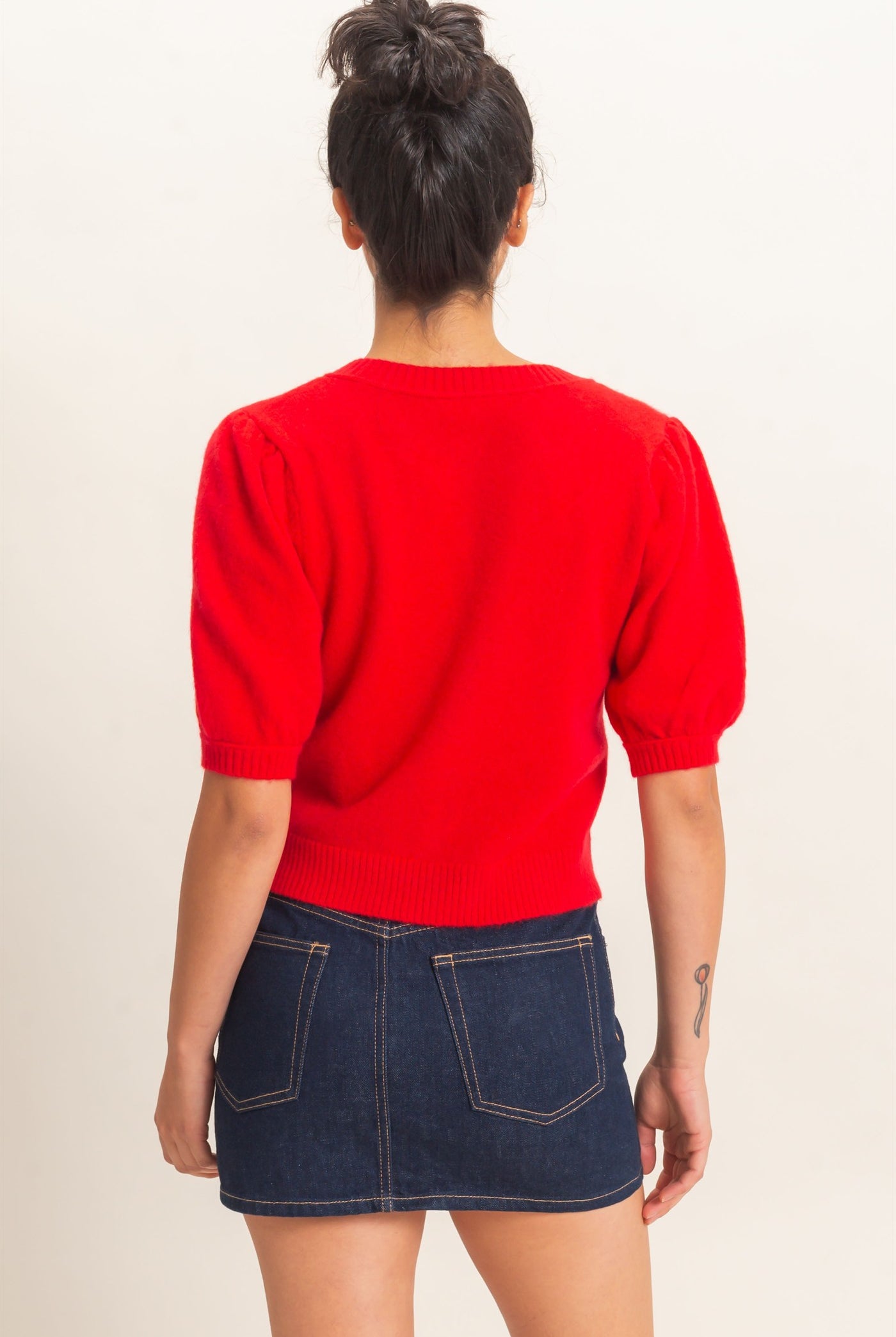 Wholesale Button Front Puff Short Sleeve Cardigan Cardigans DZ26C960 RED DOUBLE ZERO