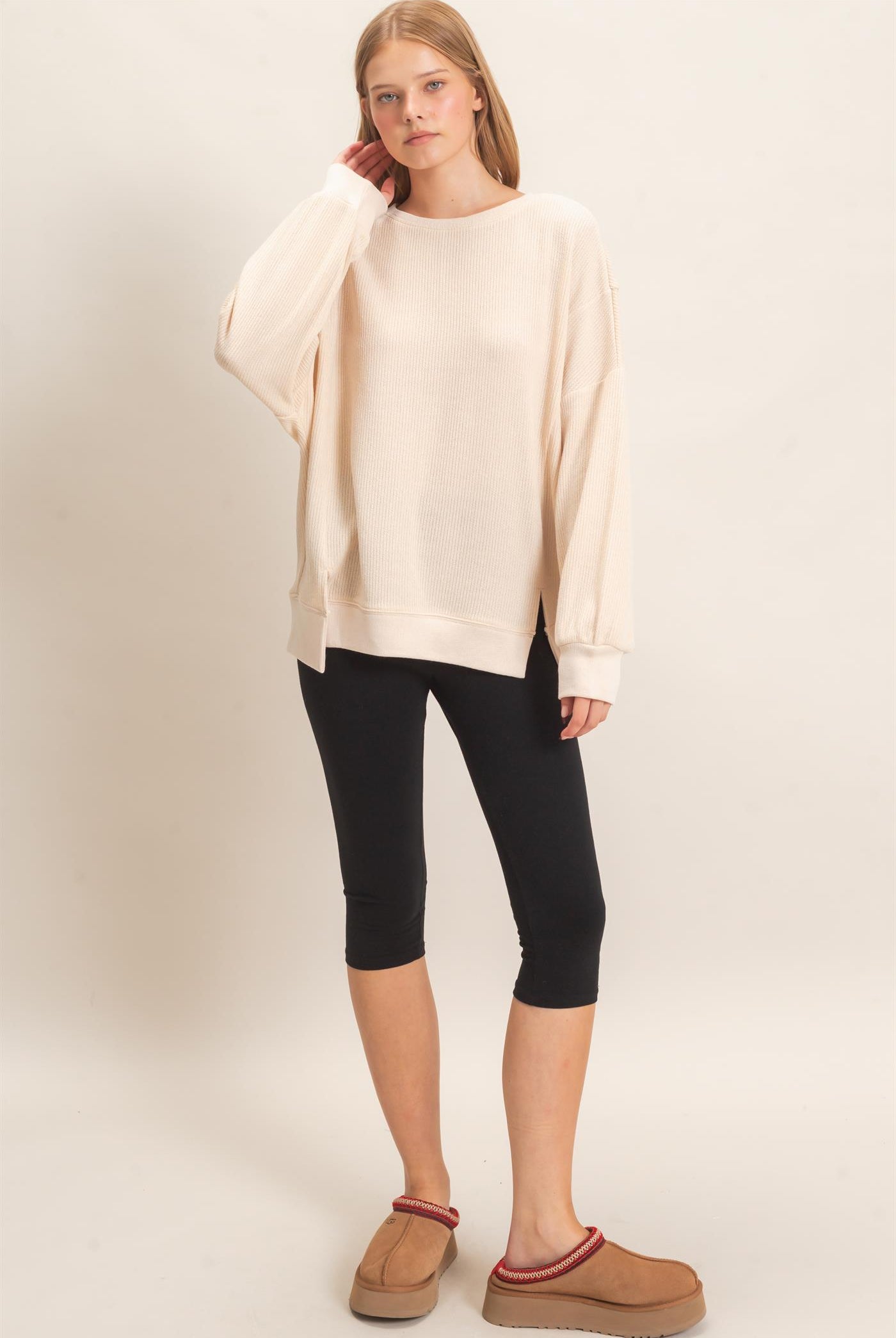 Wholesale Ribbed Boat Neck Knit Top Clothing Tops HF26E852 CREAM HYFVE