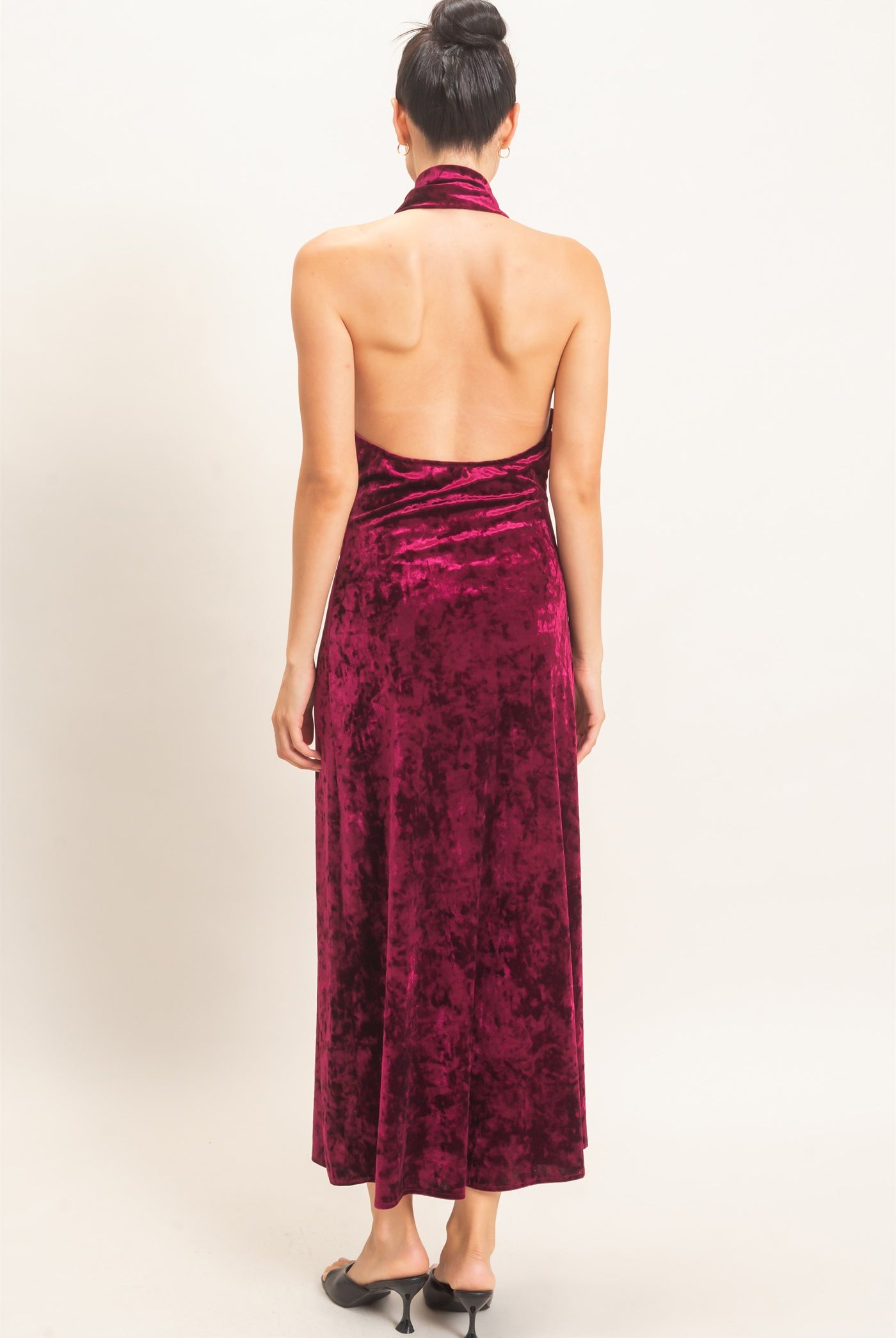 Wholesale Velvet Cowl Neck Halter Dress Dresses HF26F178 BURGUNDY HYFVE