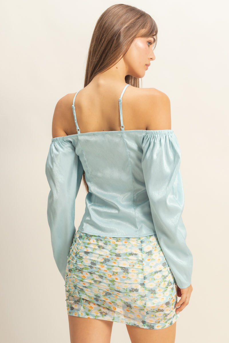 Wholesale Tie-Front Off-Shoulder Blouse Clothing Tops FS22E859 BLUE HYFVE