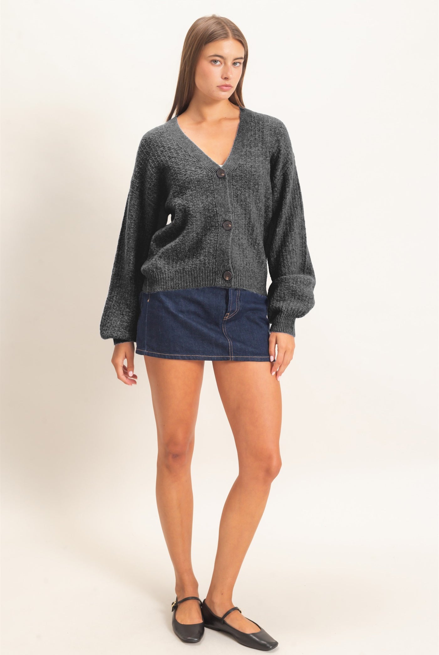 Wholesale Textured V-Neck Cardigan Cardigans DZ26E080 CHARCOAL DOUBLE ZERO