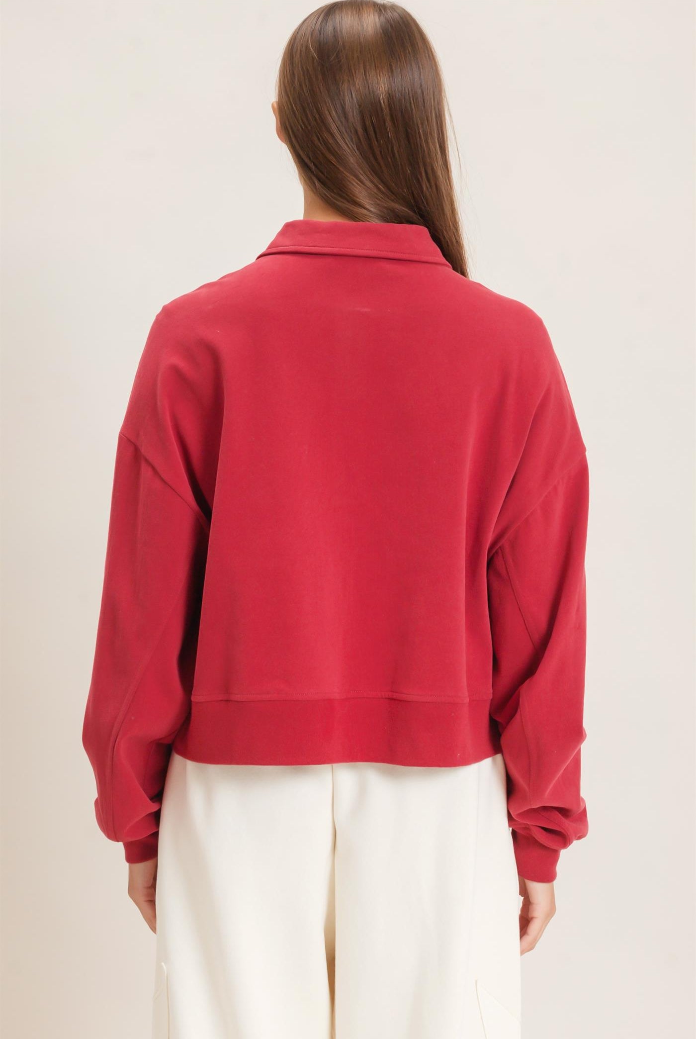 Wholesale Washed Button-Front Collared Sweatshirt Sweatshirts DZ26E390 DARK RED DOUBLE ZERO