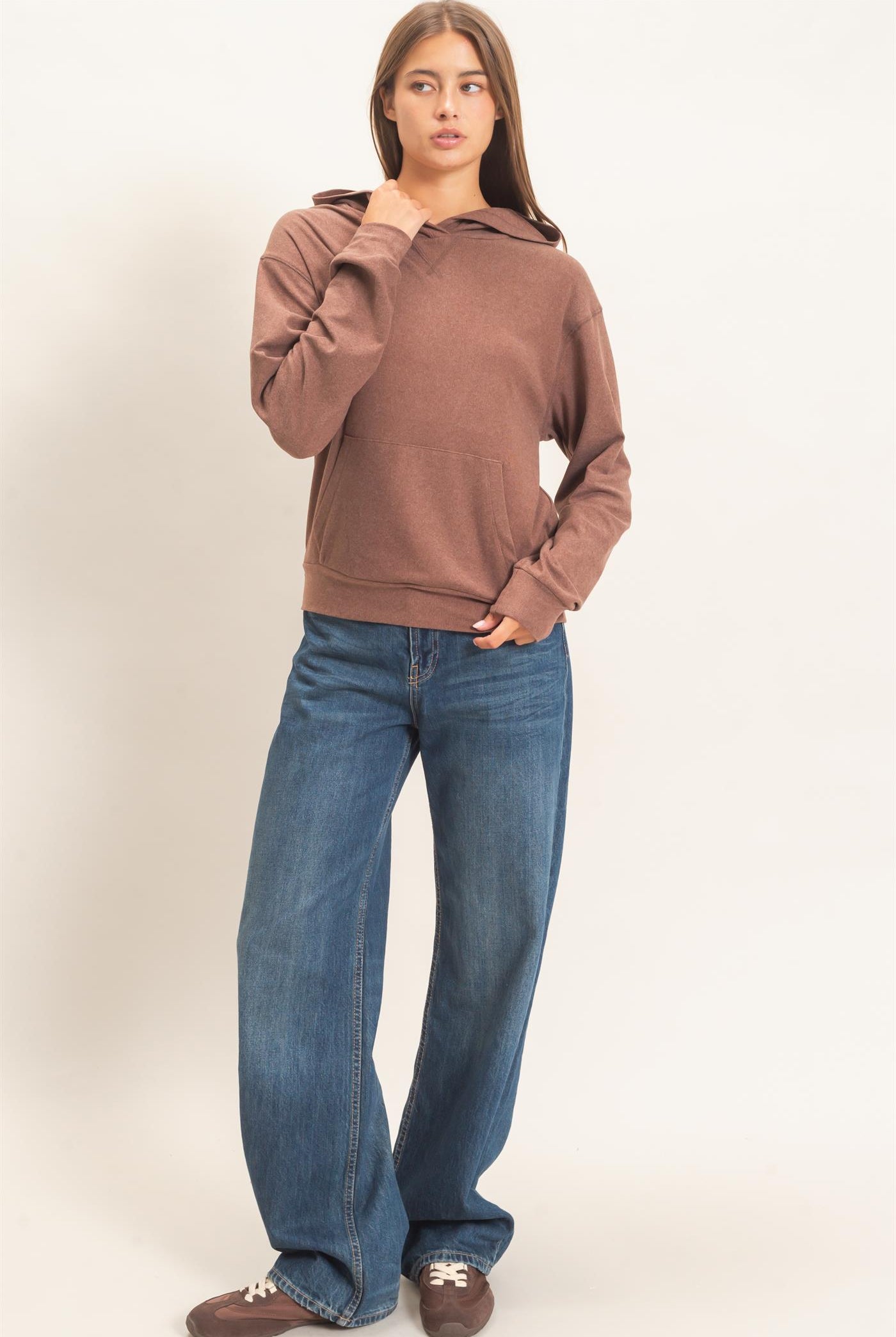 Wholesale Long Sleeve Hoodie With Kangaroo Pocket Hoodies DZ26F276 DARK BROWN DOUBLE ZERO