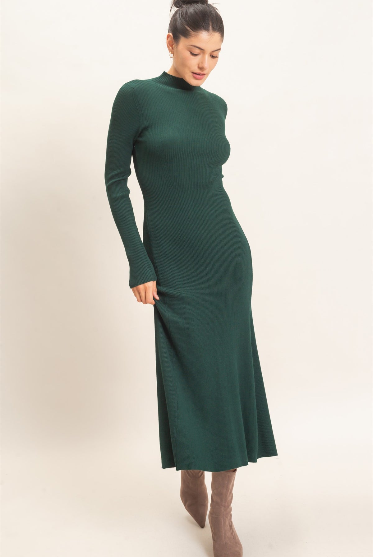 Wholesale Ribbed Mock Neck Long Sleeve Midi Dress Dresses HF26F156-D H.GREEN HYFVE