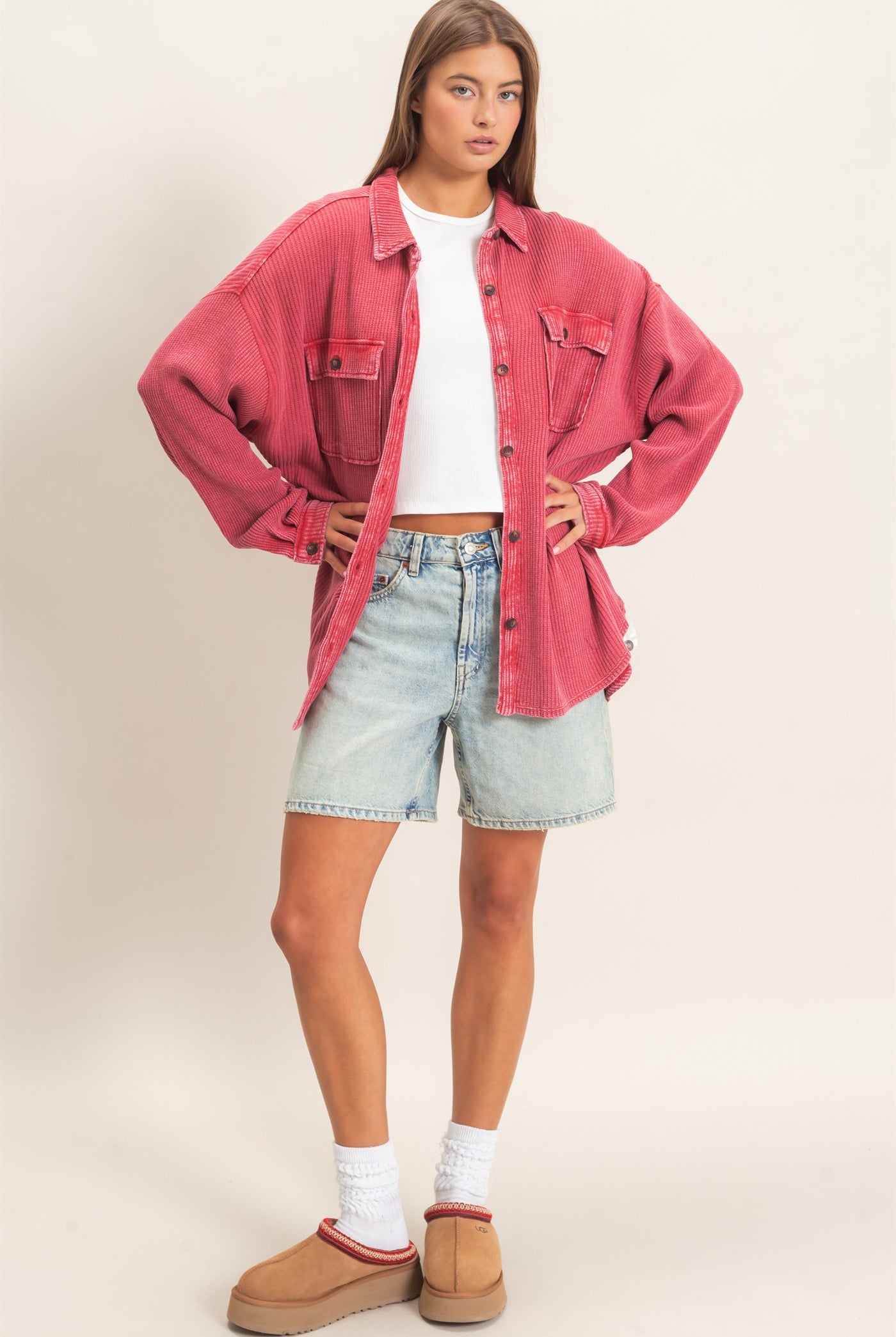 Wholesale Mineral Wash Waffle Knit Button-Up Shacket Coats & Jackets DZ26E249 DARK RED DOUBLE ZERO