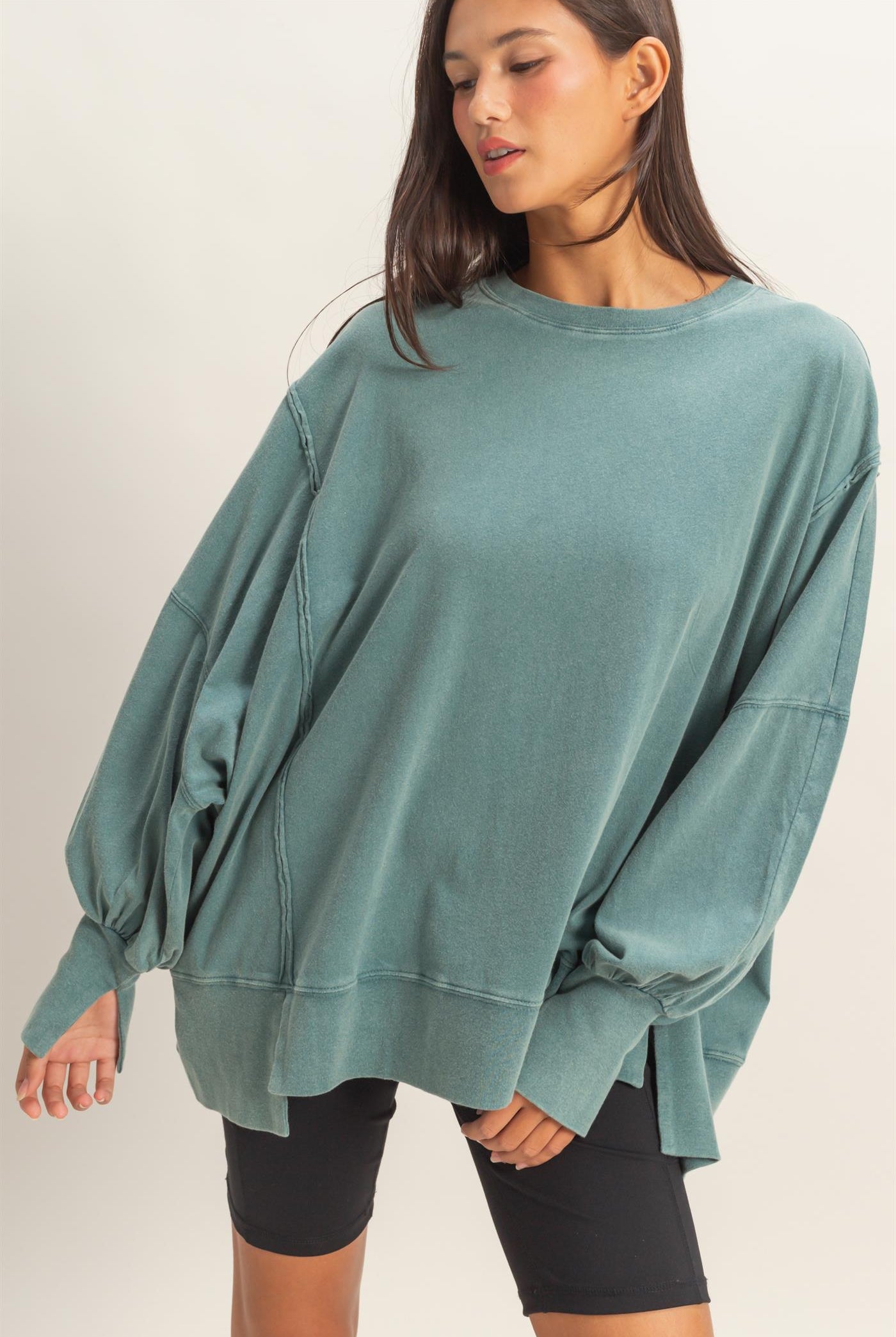 Wholesale Oversized Seam Detail Long Sleeve Top Sweatshirts DZ26C774 DARK TEAL DOUBLE ZERO