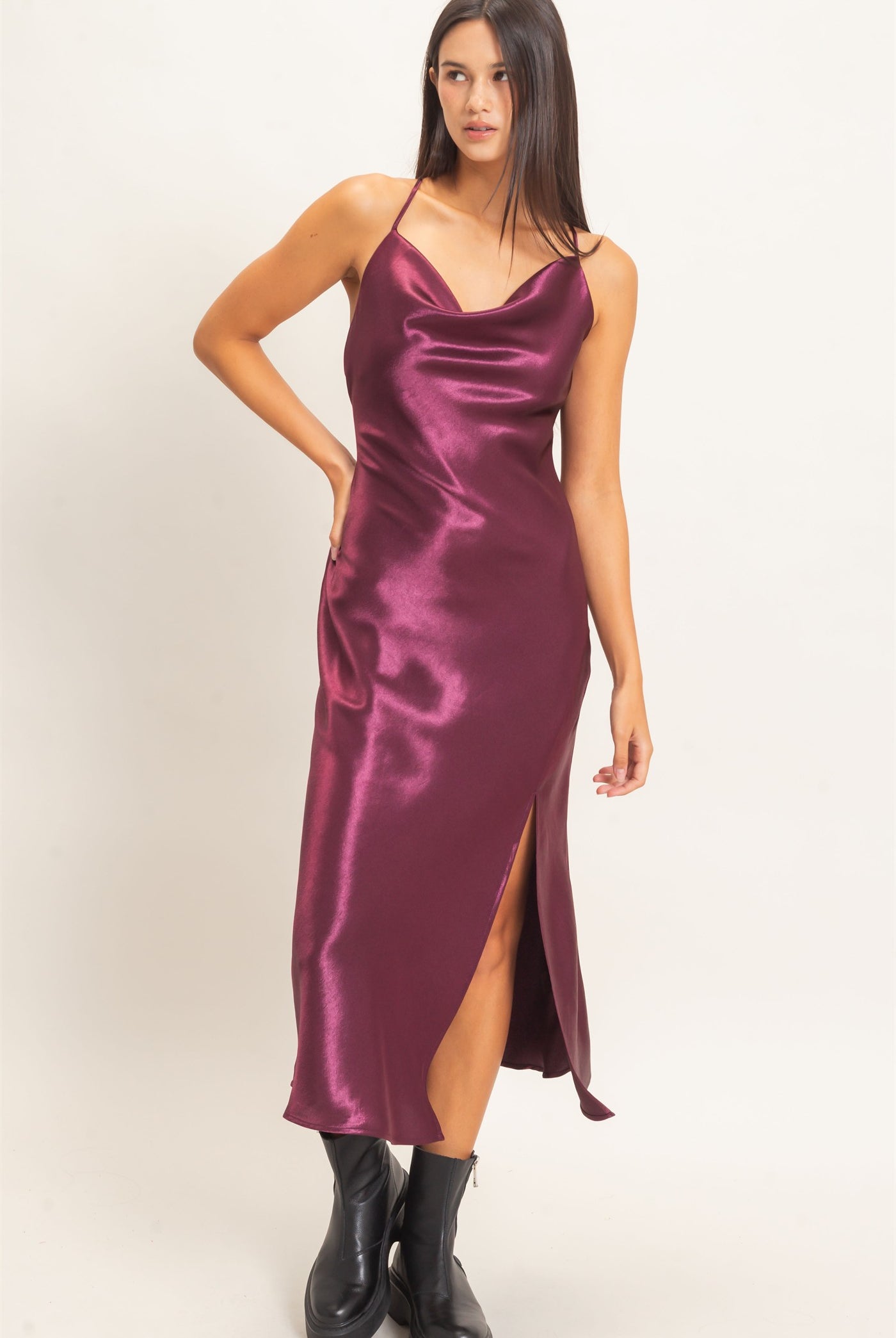 Wholesale Cowl Neck Satin Slip Dress Dresses DZ26E251 DARK CHERRY DOUBLE ZERO