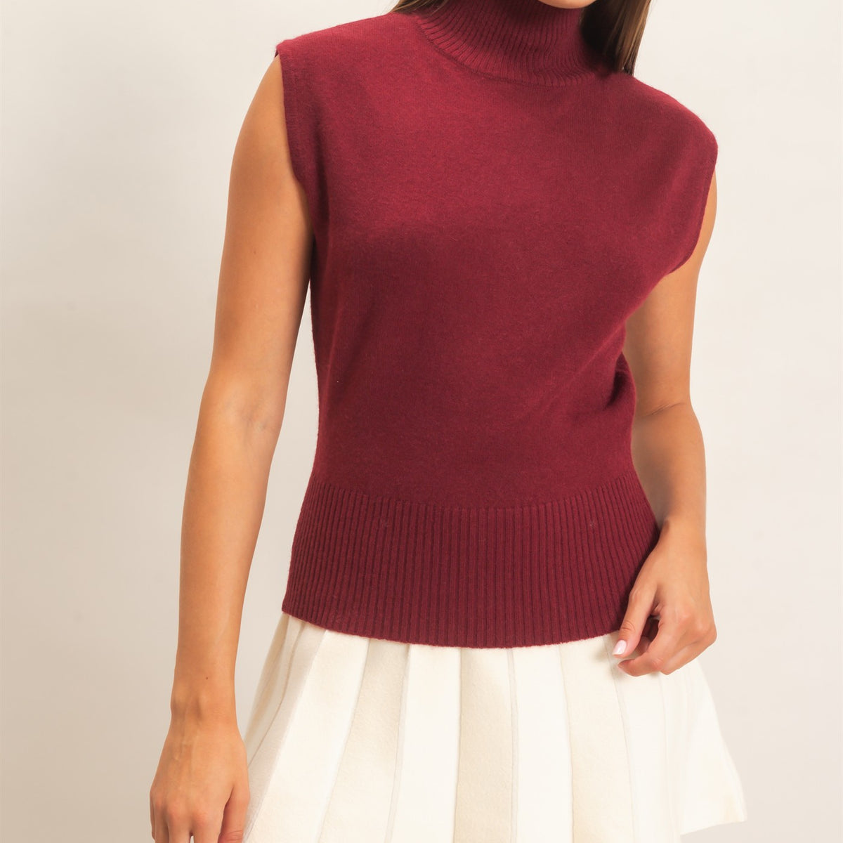 Wholesale Sleeveless High Neck Knit Top Clothing Tops DZ26E946 BURGUNDY DOUBLE ZERO