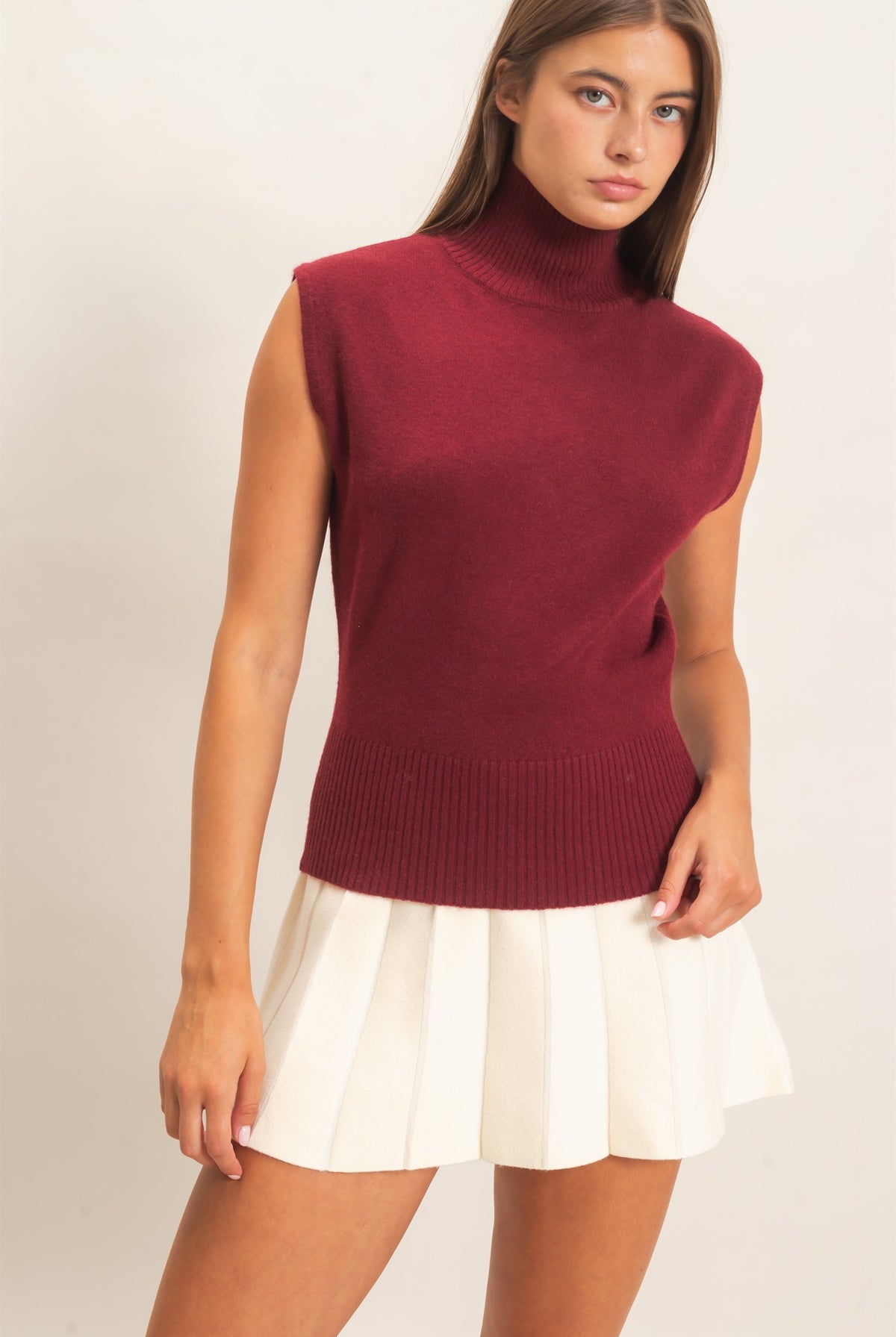 Wholesale Sleeveless High Neck Knit Top Clothing Tops DZ26E946 BURGUNDY DOUBLE ZERO