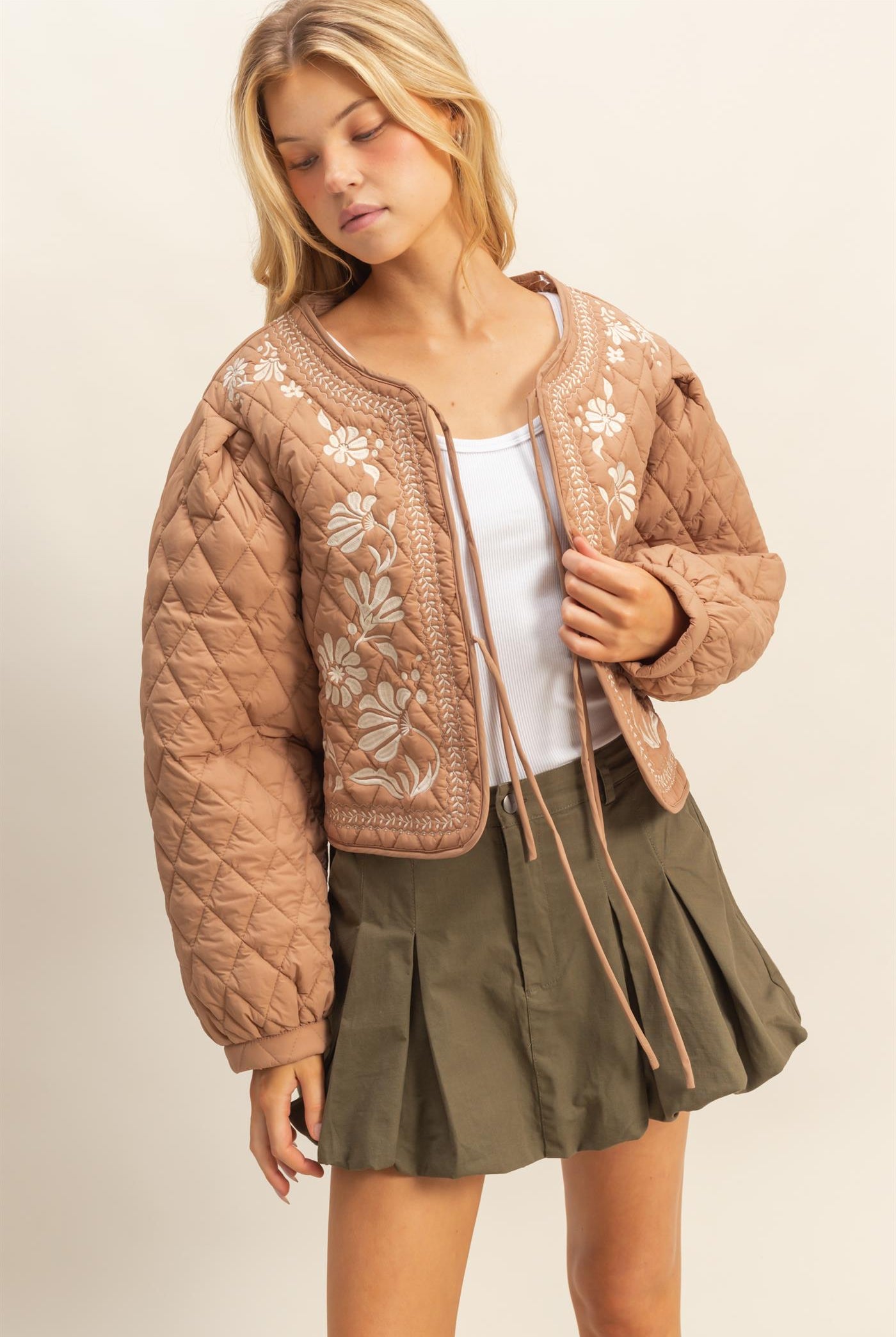 Wholesale Quilted Floral Embroidered Padding Jacket Coats & Jackets HF26A084 BROWN HYFVE