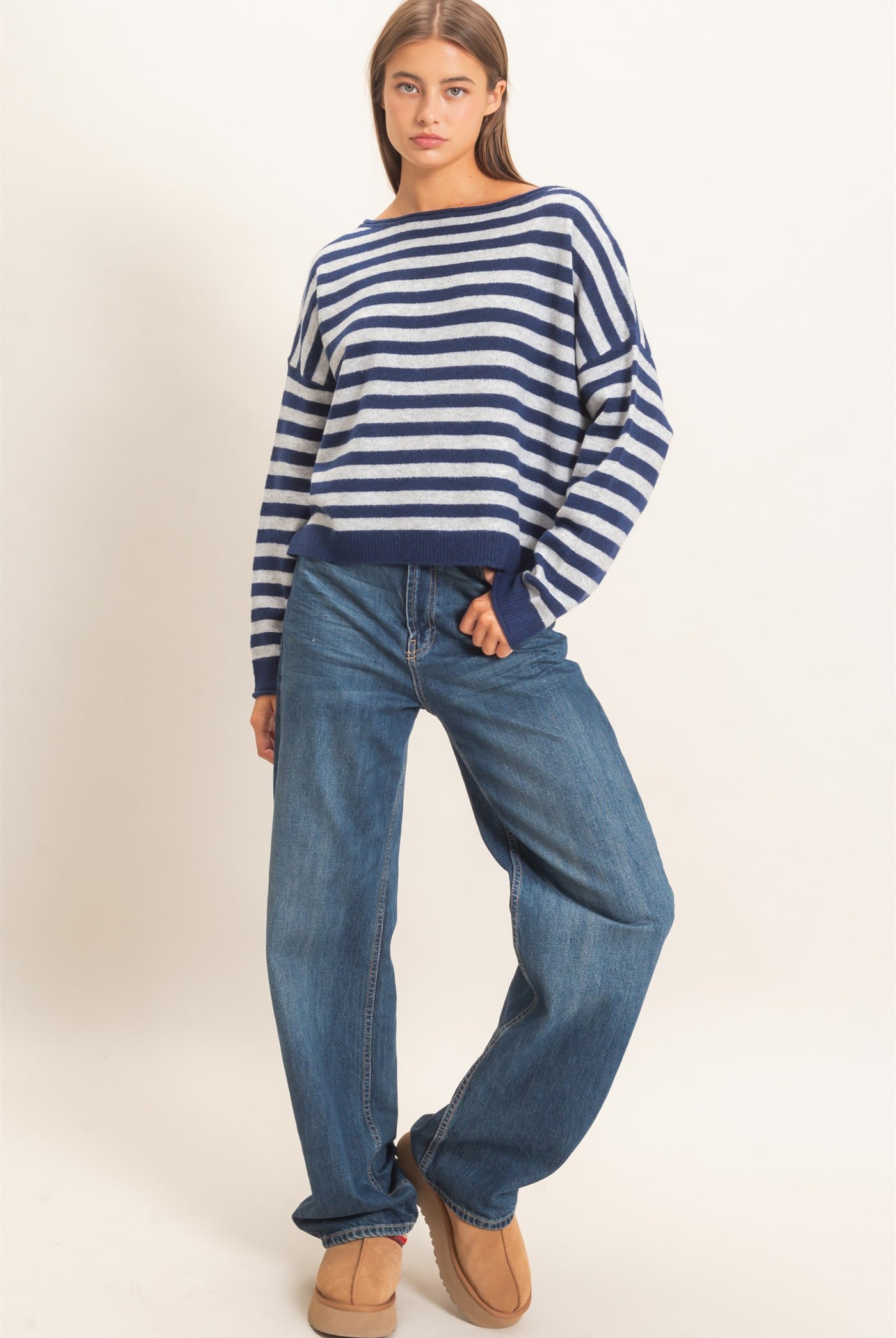 Wholesale Off The Shoulder Striped Sweater Sweaters DZ26E653 NAVY DOUBLE ZERO