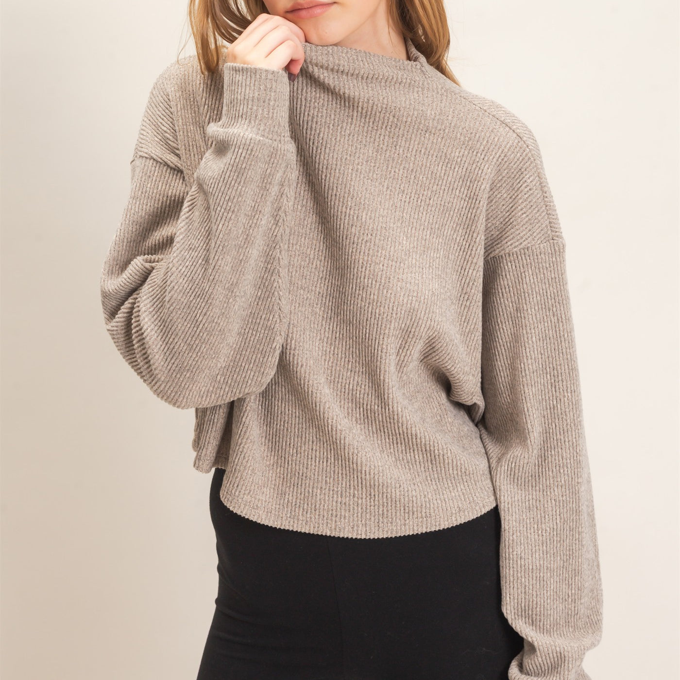 Wholesale Ribbed Mock Neck Top Clothing Tops HF26F030 BEIGE HYFVE